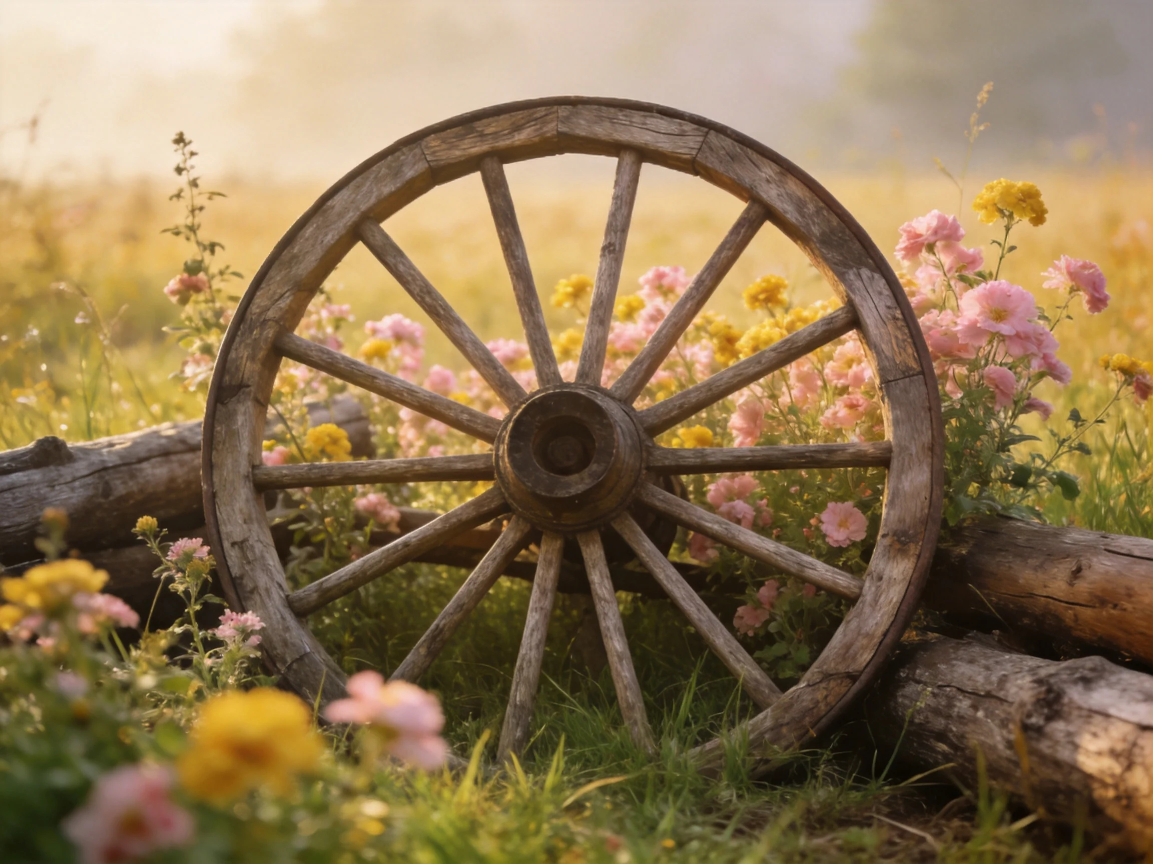 A weathered wooden wagon wheel sits among vibrant wildflowers and logs in a sunlit meadow.
