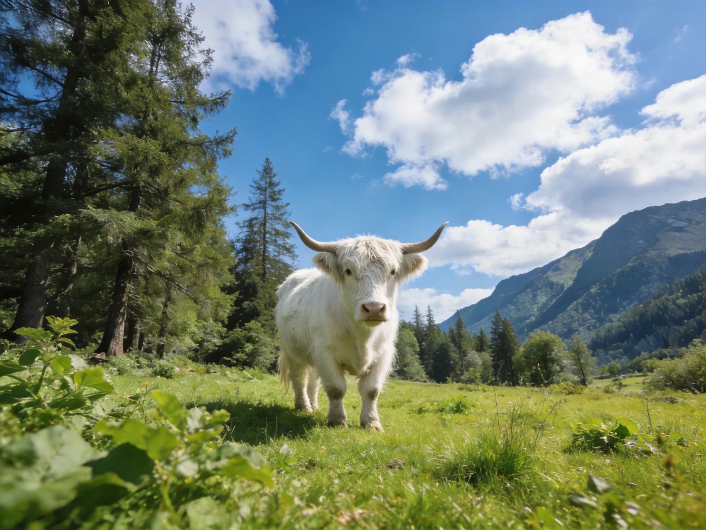 A white Highland cow stands in a sunlit meadow amid natural surroundings.