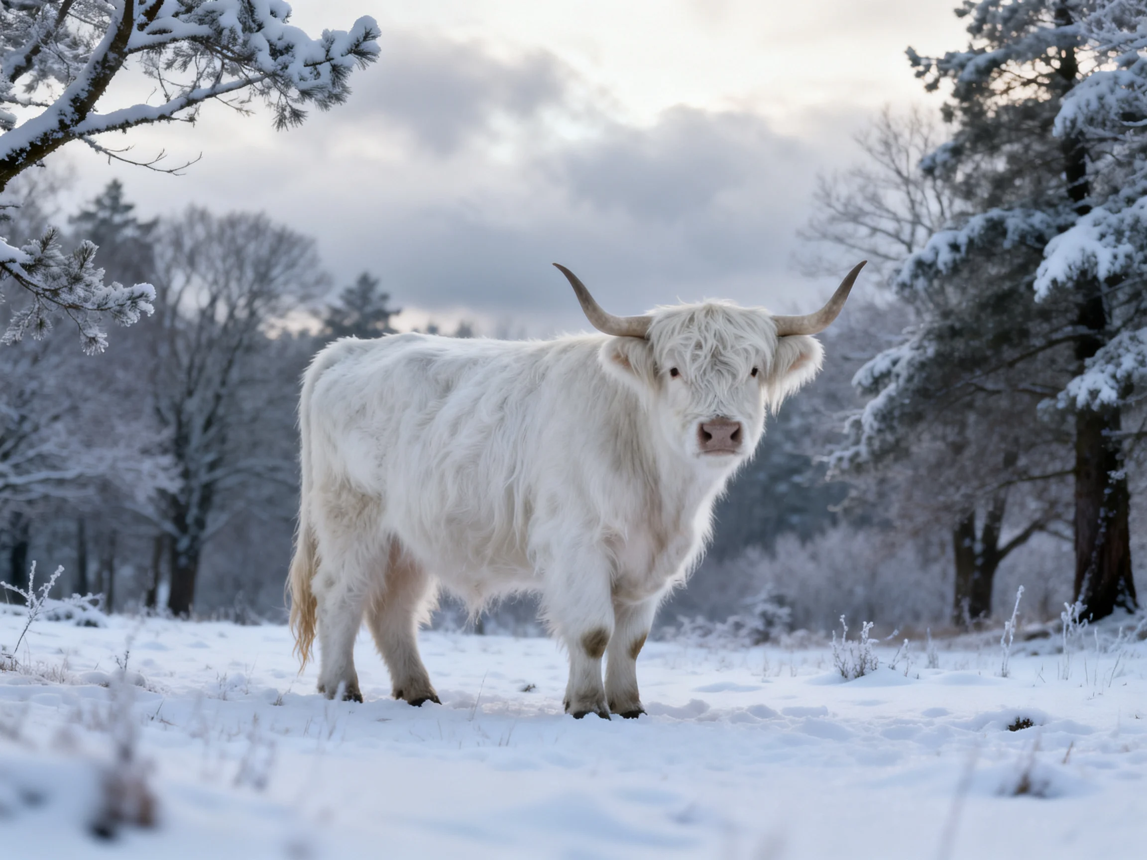 A white Highland cow stands in a snow-covered forest clearing