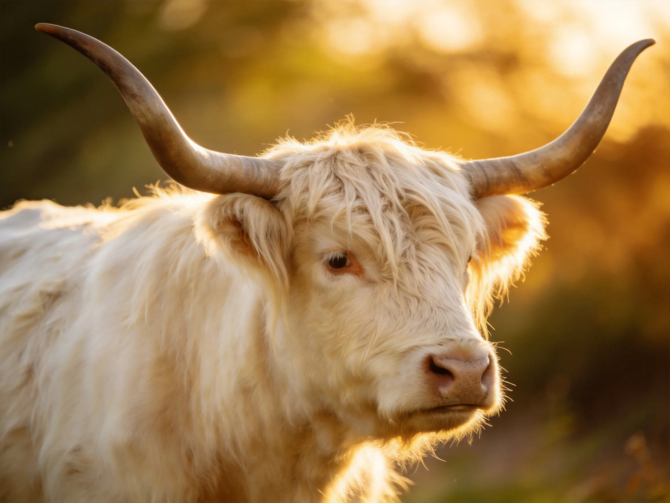 A white Highland cow with large curved horns in golden light
