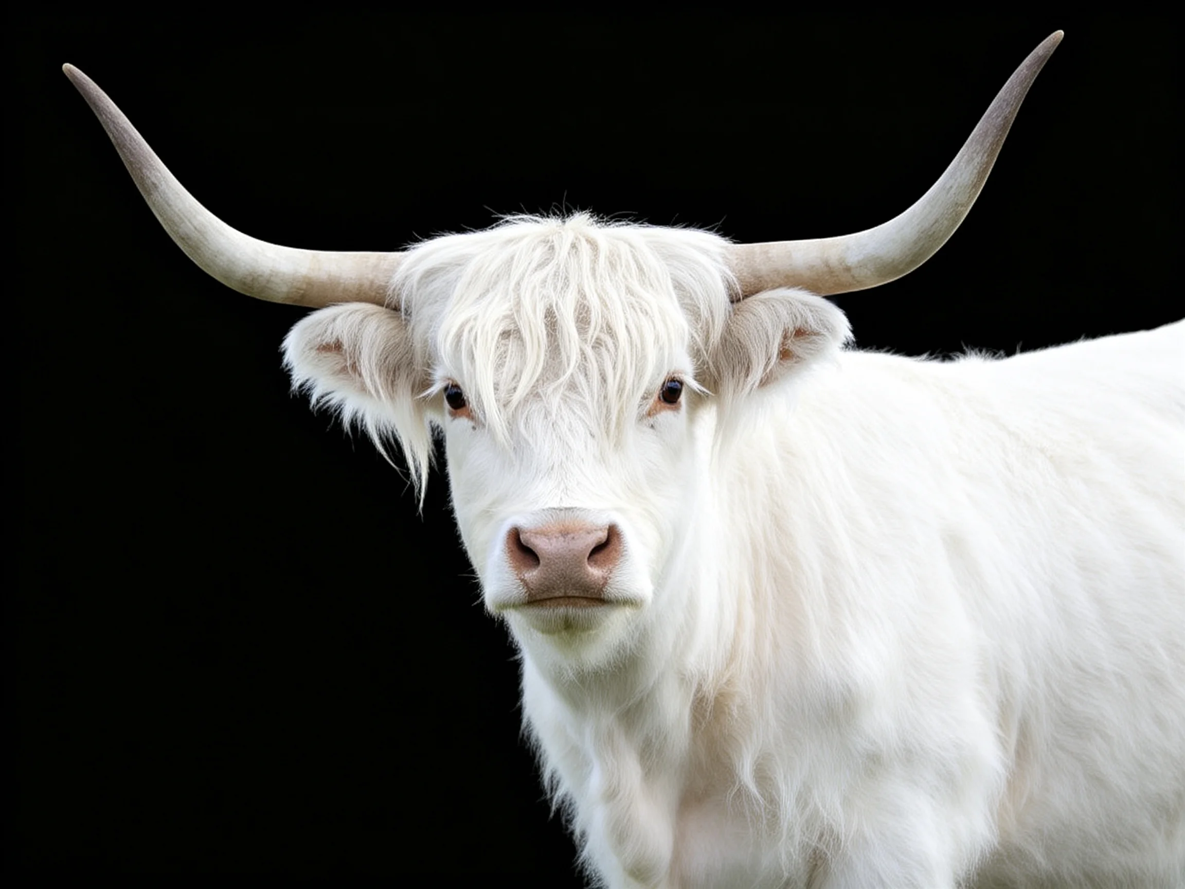 A white Scottish Highland cow with long curved horns against a solid black backdrop
