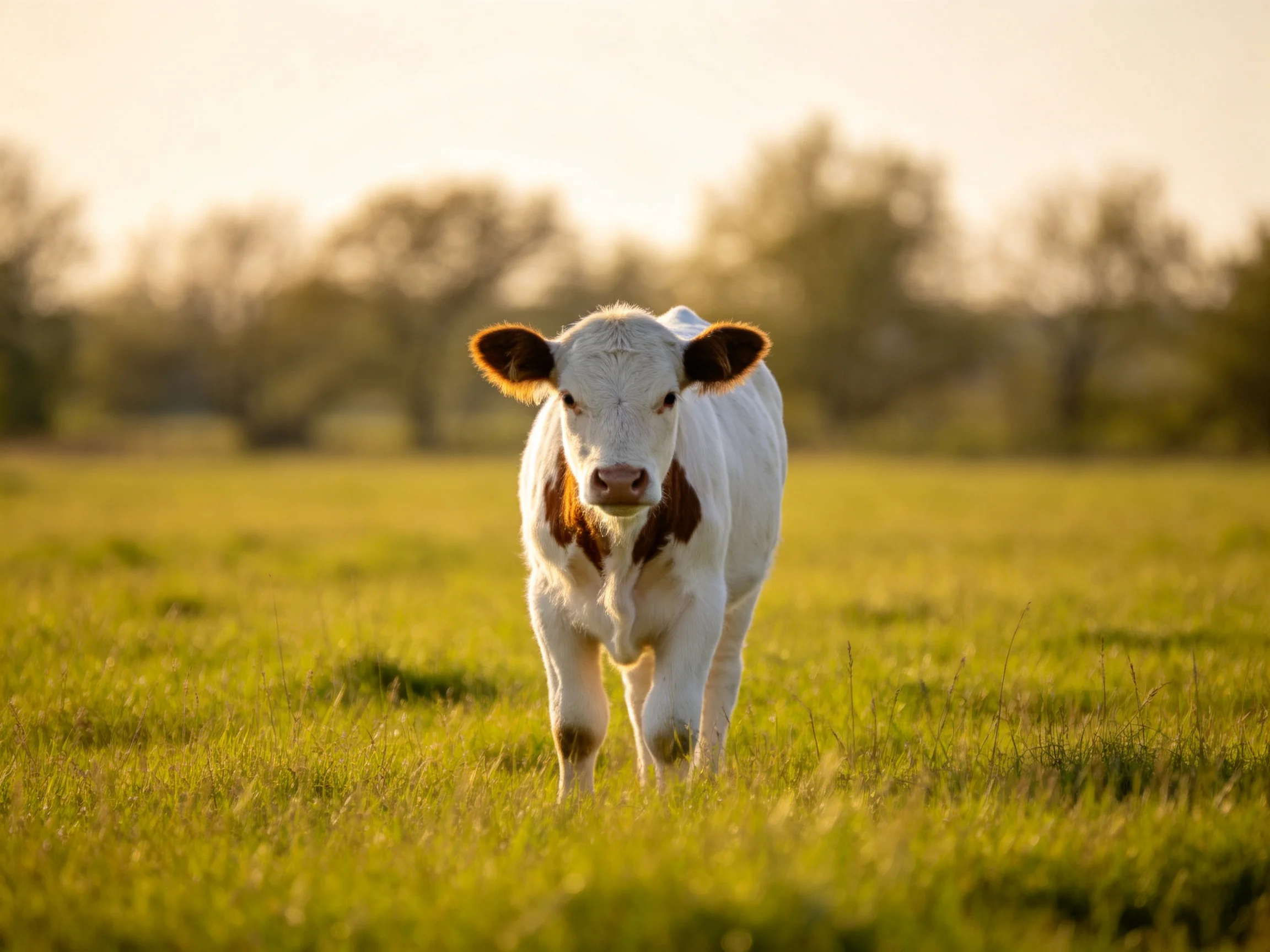 A white and brown calf in a sunlit green pasture