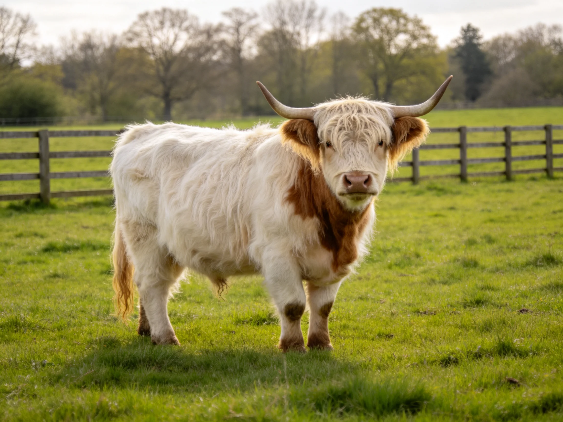 A white and brown longhorn cow stands in a sunlit green pasture.
