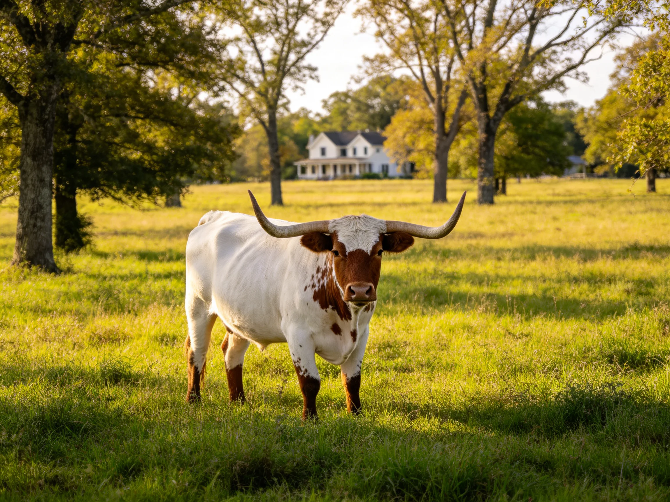 A white and brown longhorn stands in a sunlit green pasture with scattered trees.