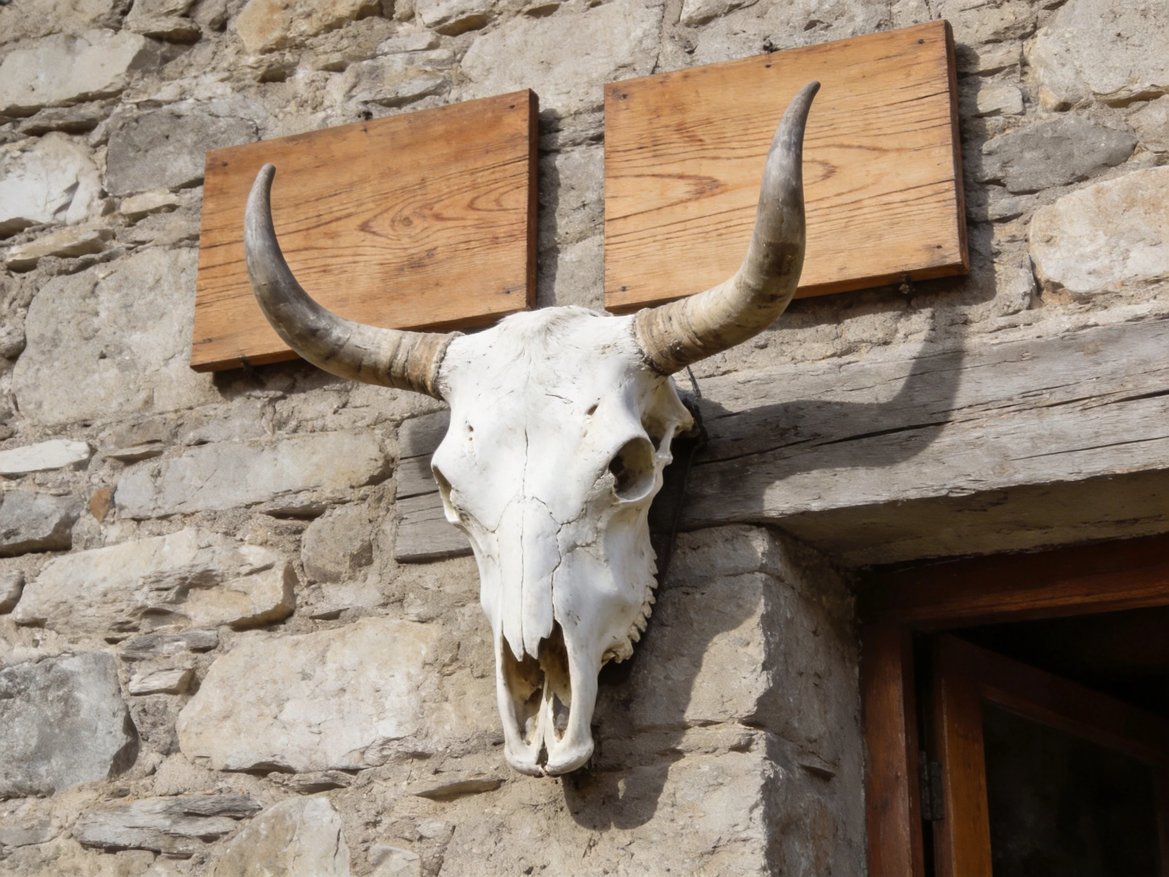A white bull skull with large curved horns mounted on a stone wall