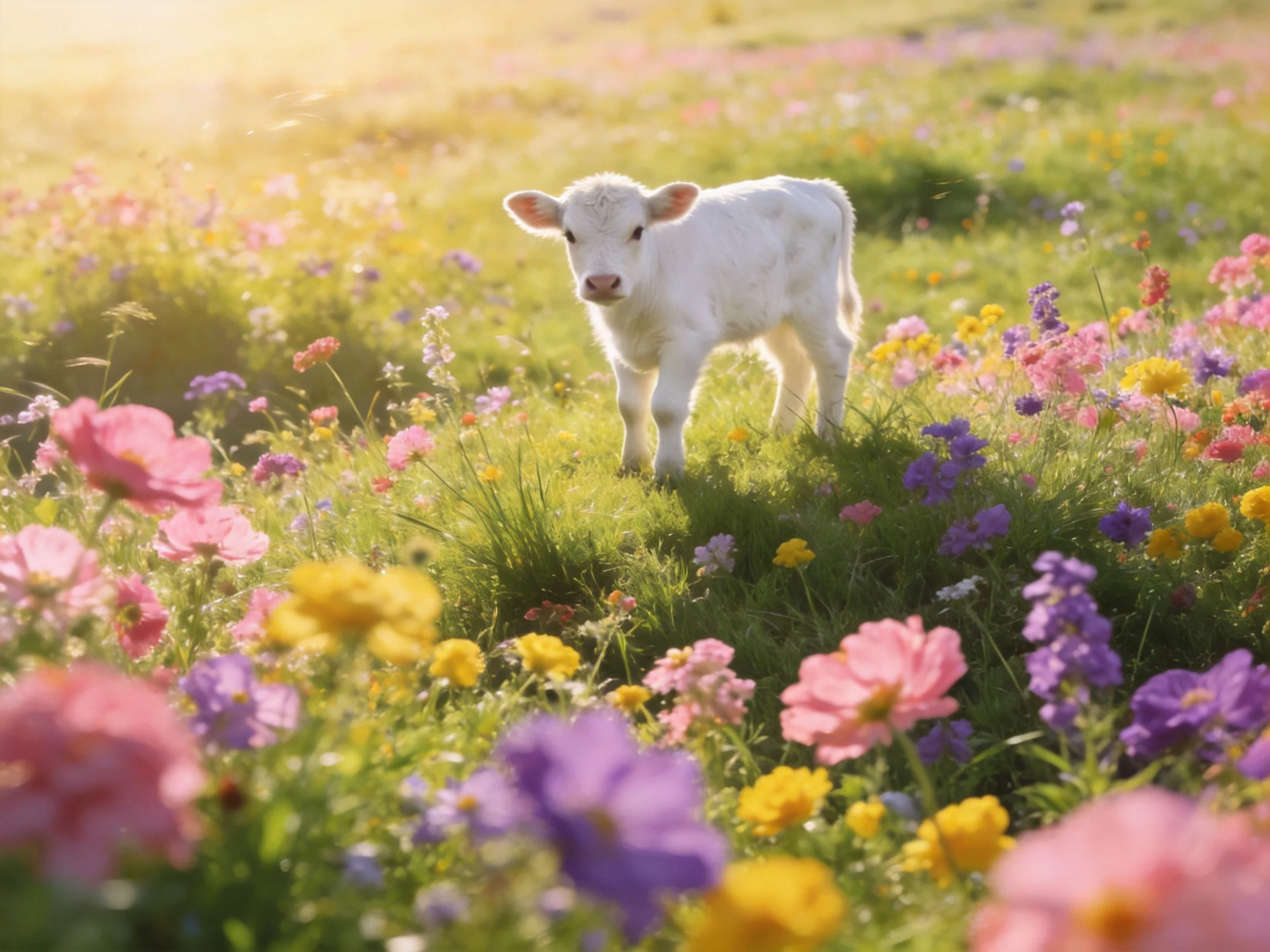 A white calf amidst vibrant wildflowers in a sunlit meadow