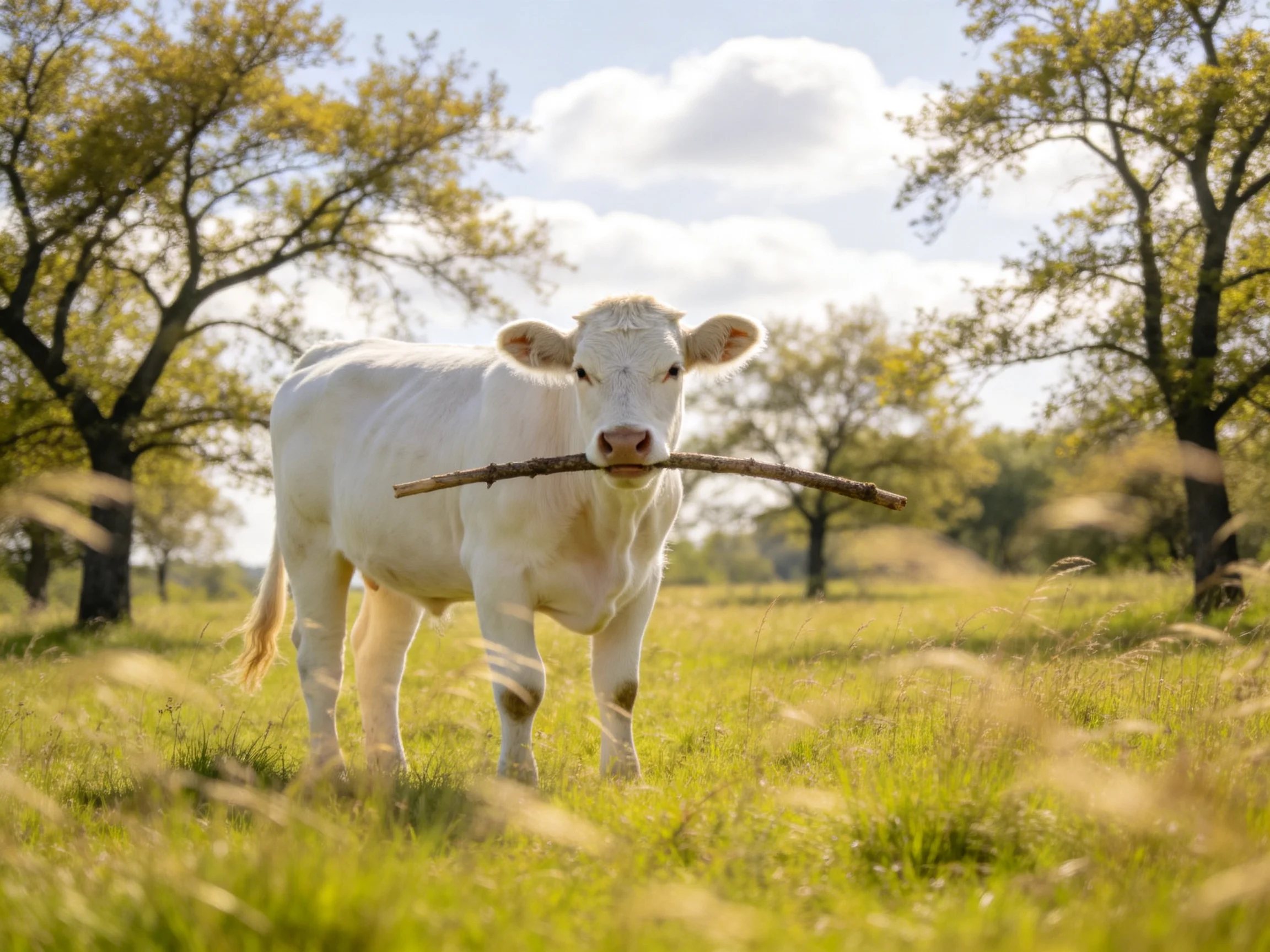 A white calf carrying a brown branch in a sunlit meadow