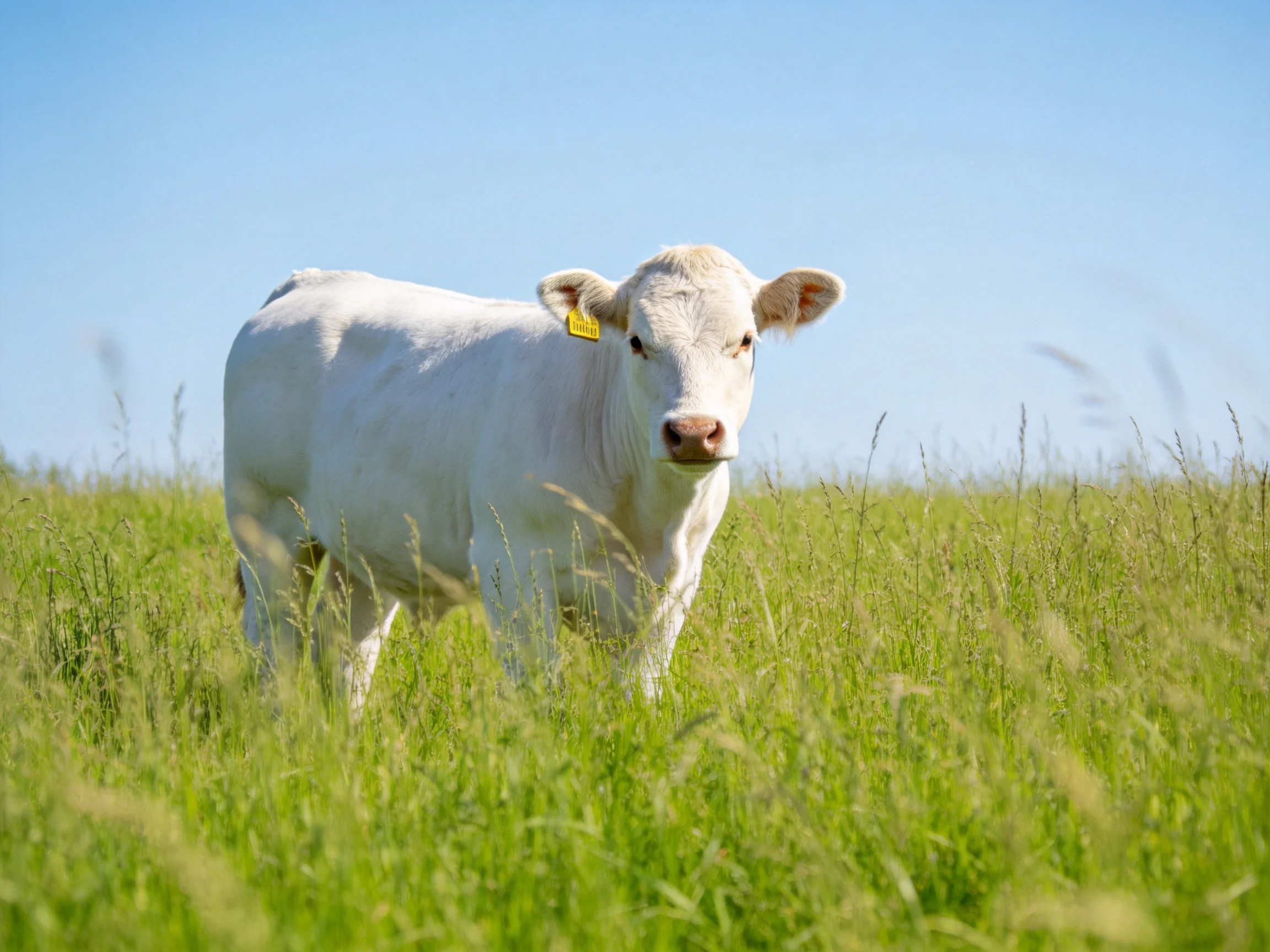 A white calf in a lush green meadow under a clear blue sky