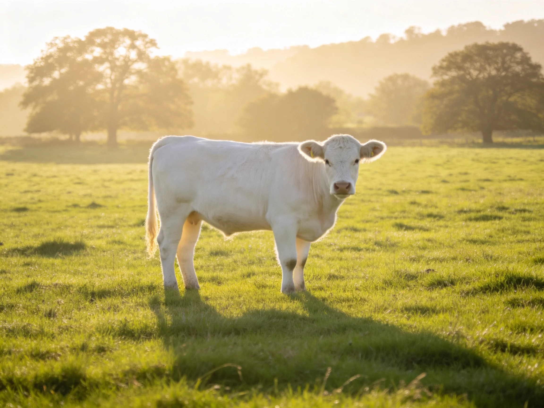 A white calf in a sunlit green pasture with distant trees