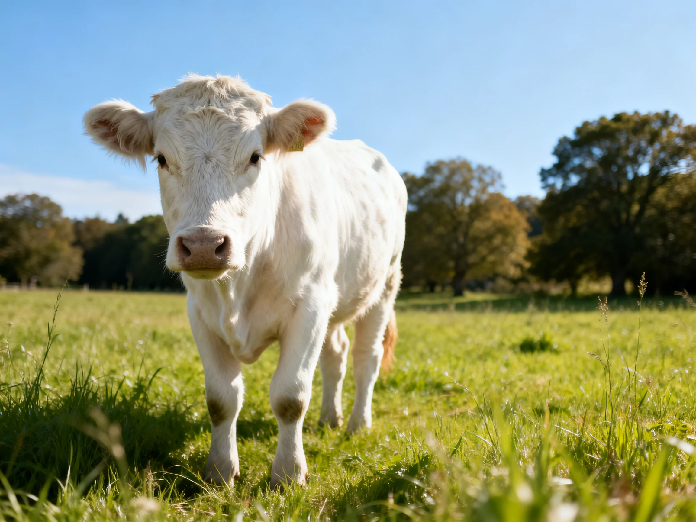 A white calf in a sunlit green pasture with distant trees