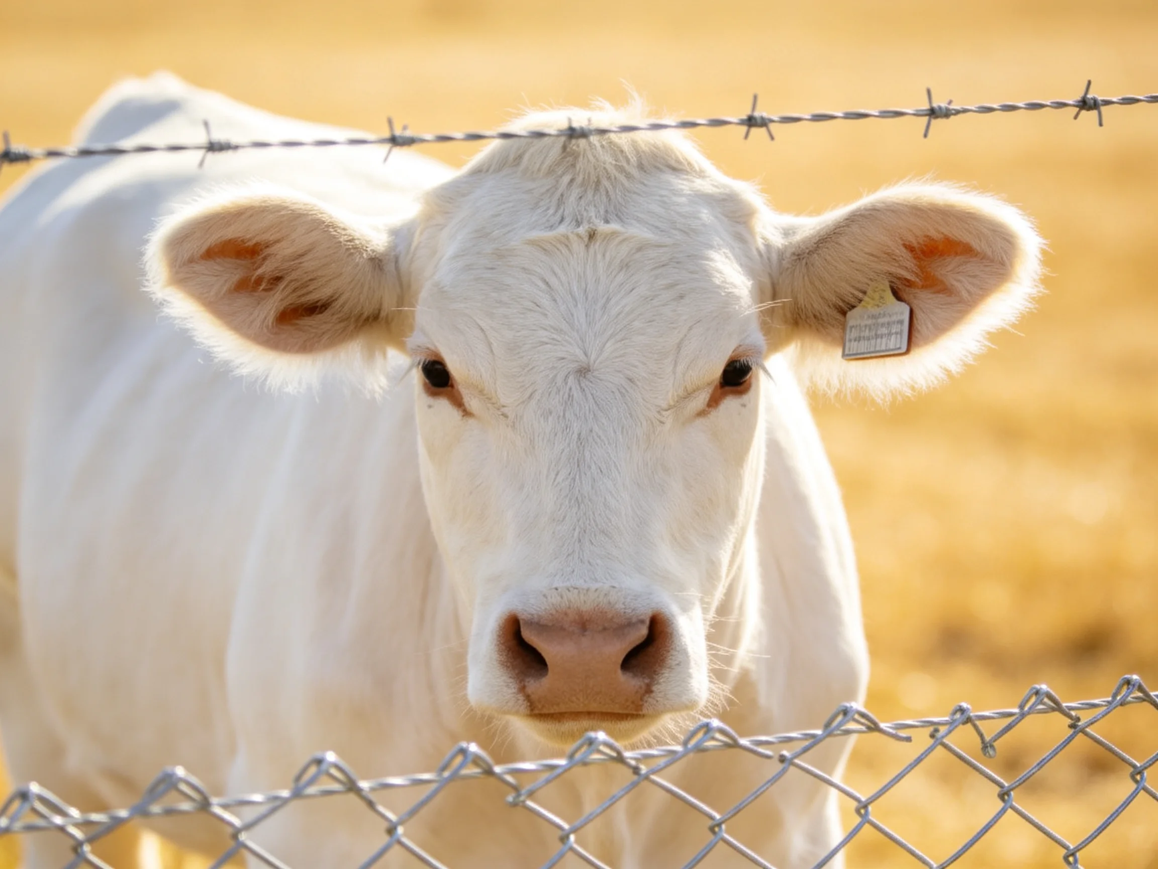 A white calf near barbed wire and chain-link fence in golden field