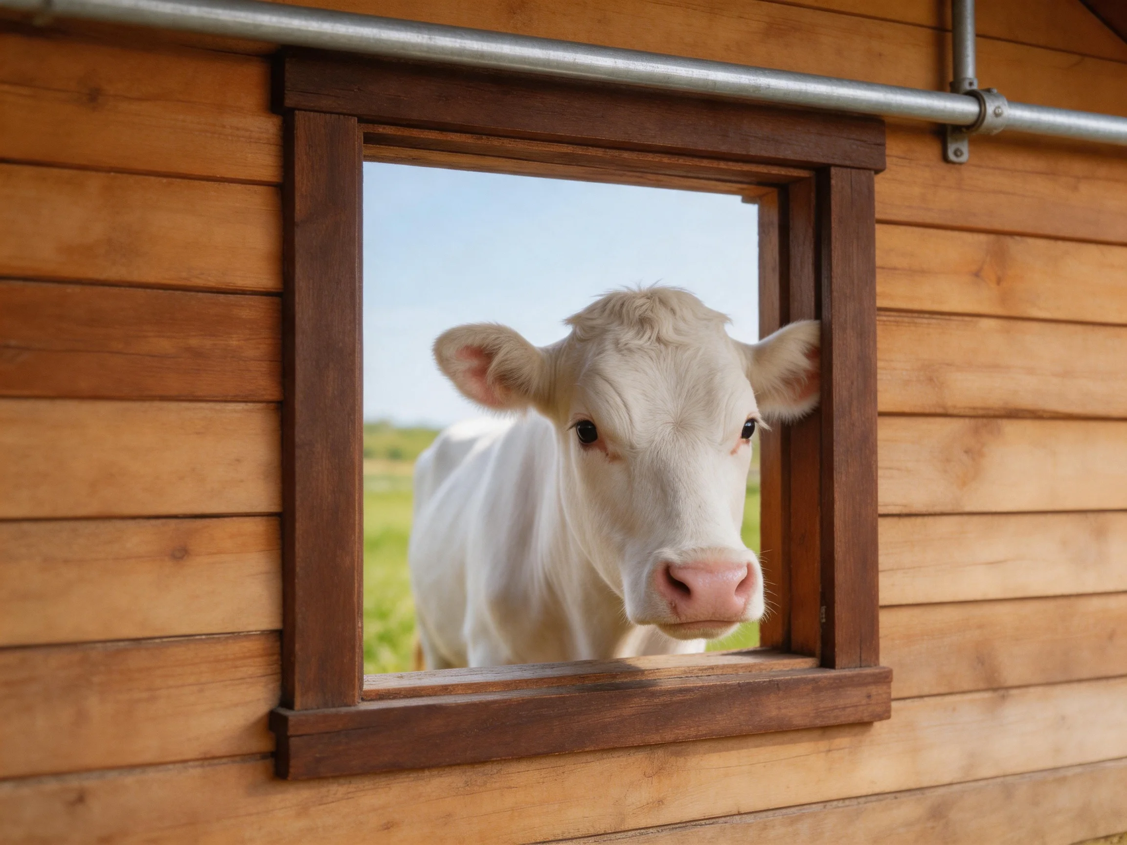 A white calf peers through a brown wooden-framed window from a wooden structure