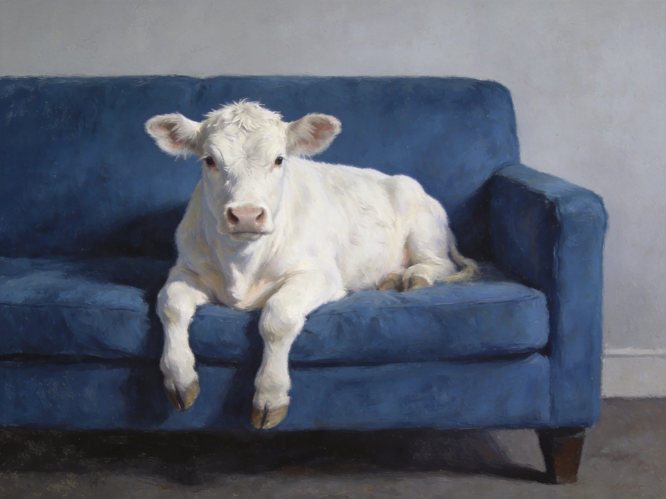 A white calf relaxes on a deep blue sofa with plush cushions