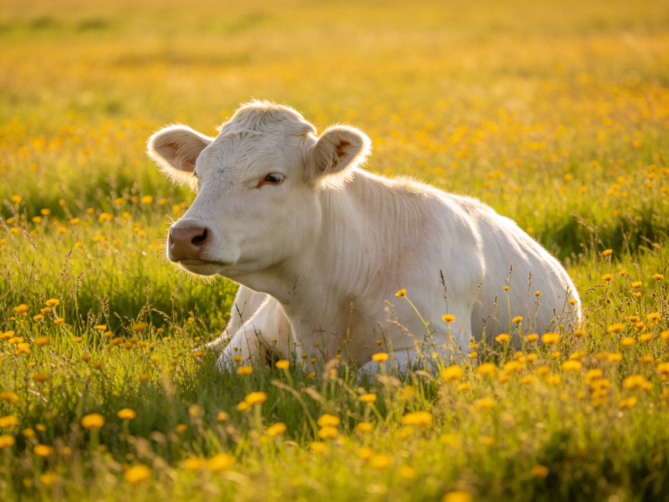 A white calf resting amid a sea of yellow wildflowers
