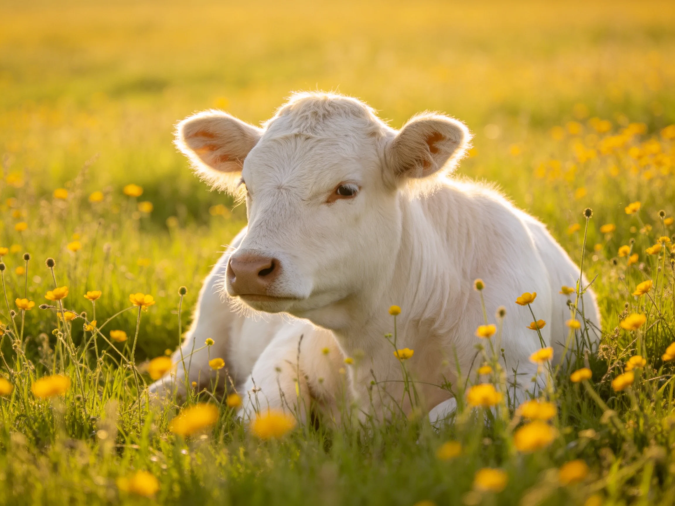 A white calf rests amid bright yellow wildflowers in a sun-drenched meadow