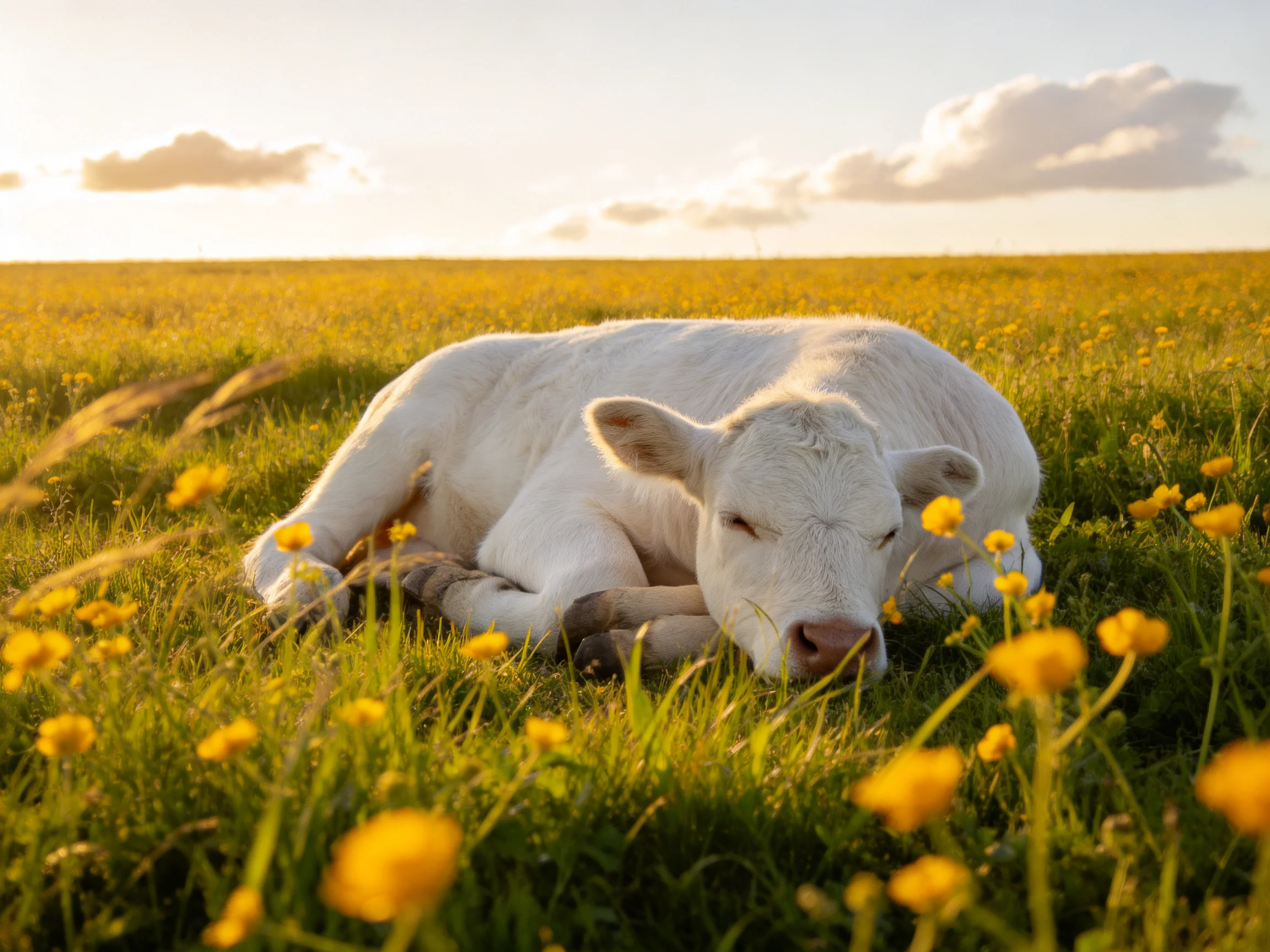 A white calf rests among yellow wildflowers in a sunlit meadow