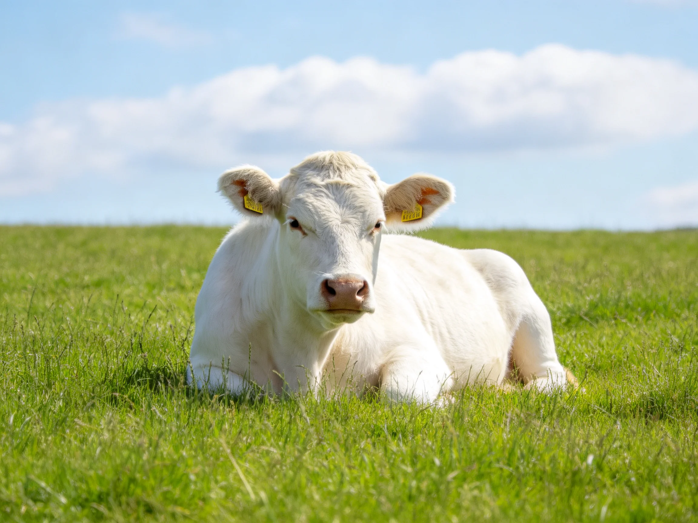 A white calf lies peacefully in a green meadow with a clear blue sky overhead.
