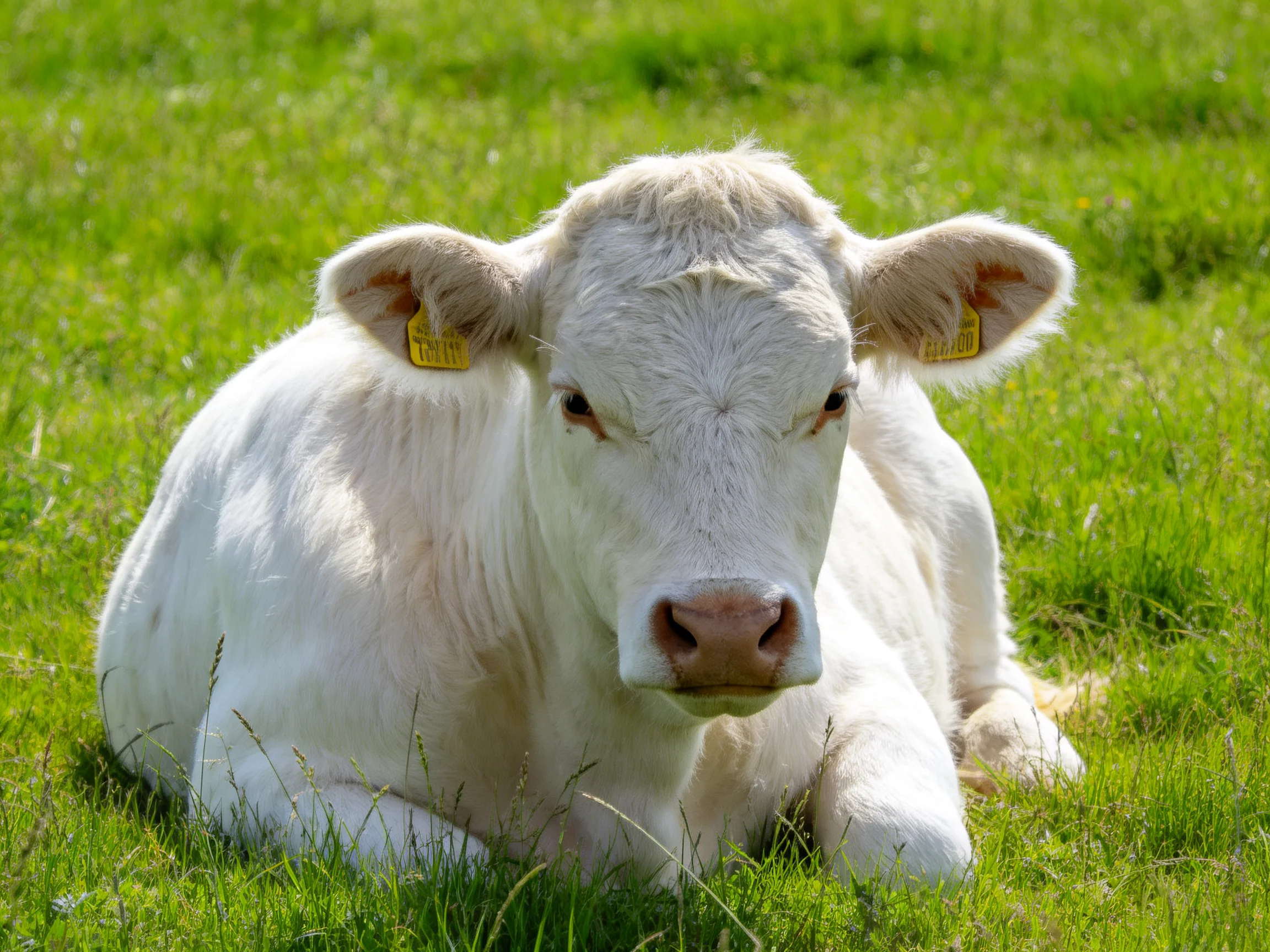 A white calf rests serenely among lush green grass