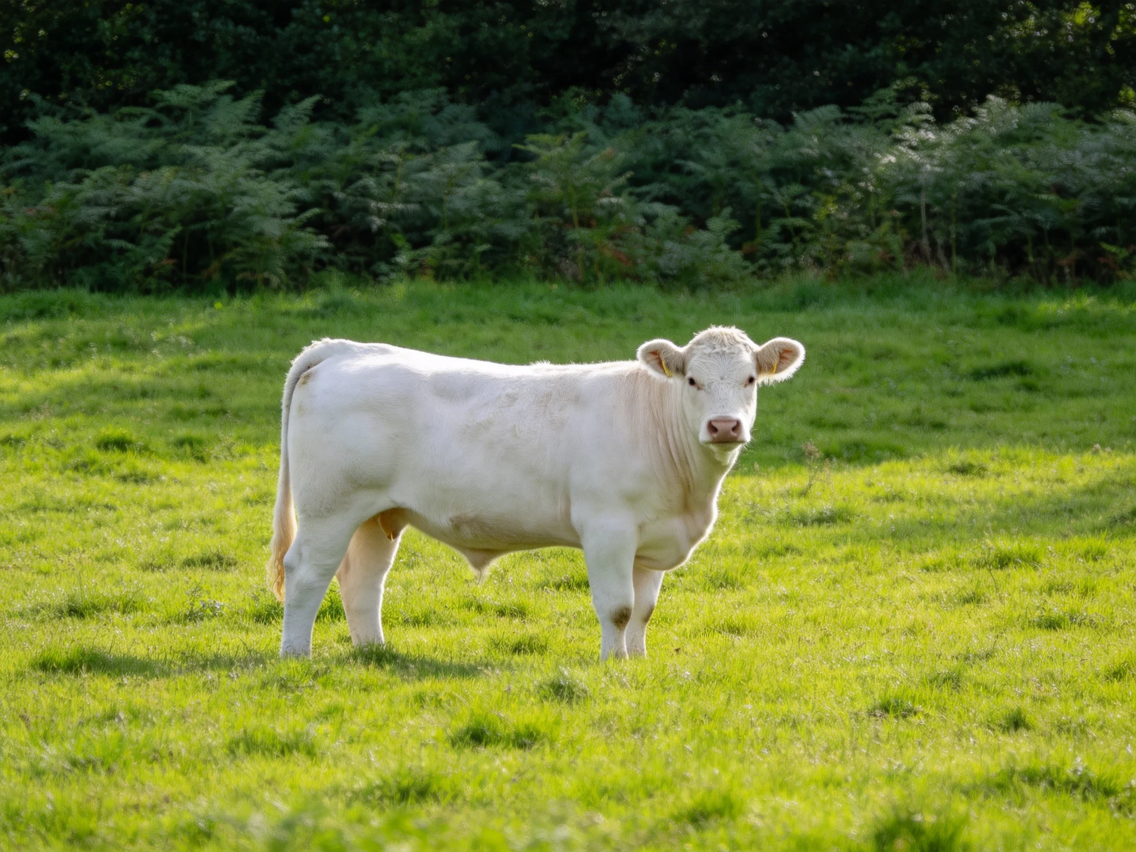 A white calf stands in a sunlit green meadow with dense vegetation nearby