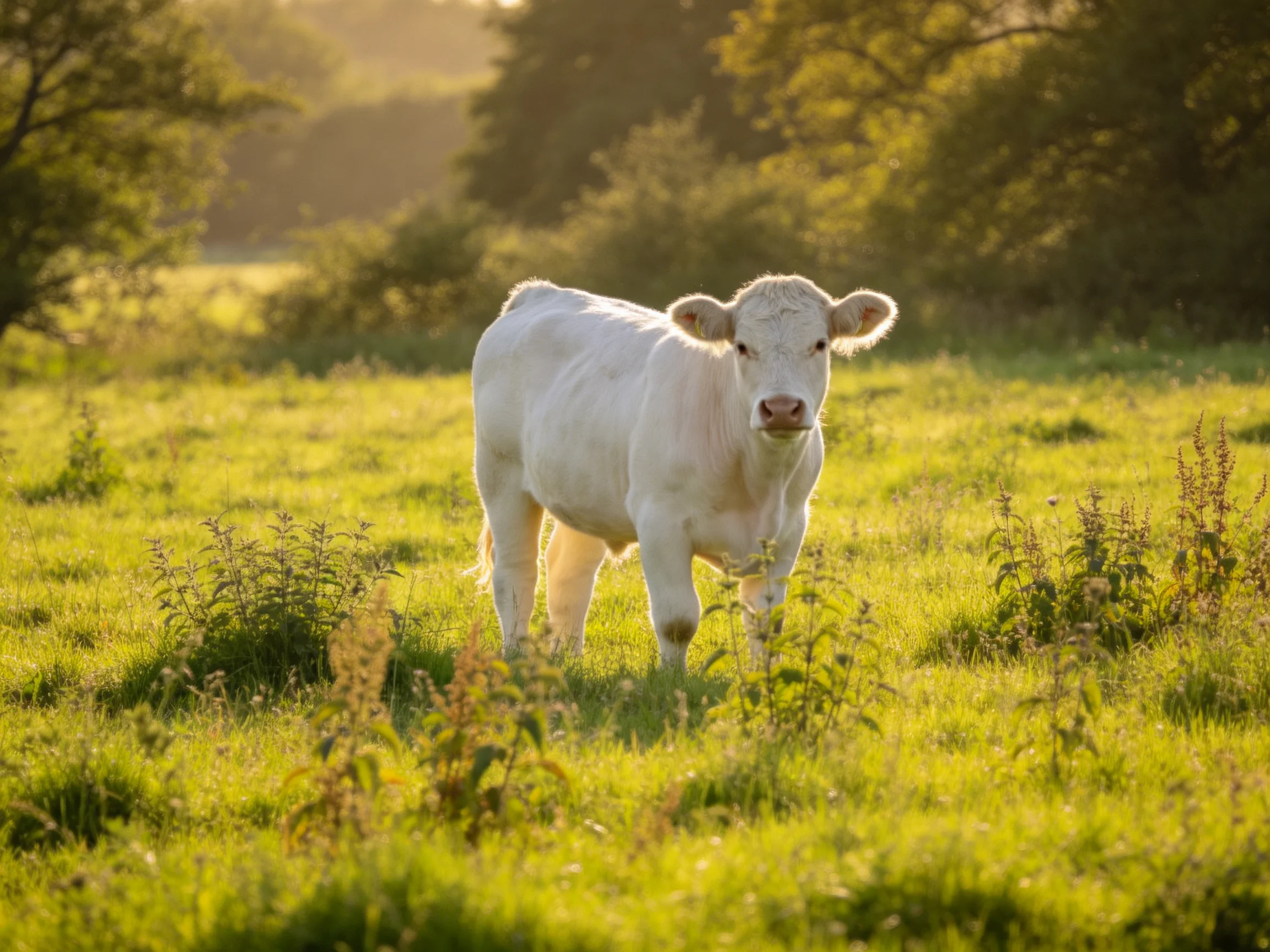A white calf stands in a sunlit, lush green meadow