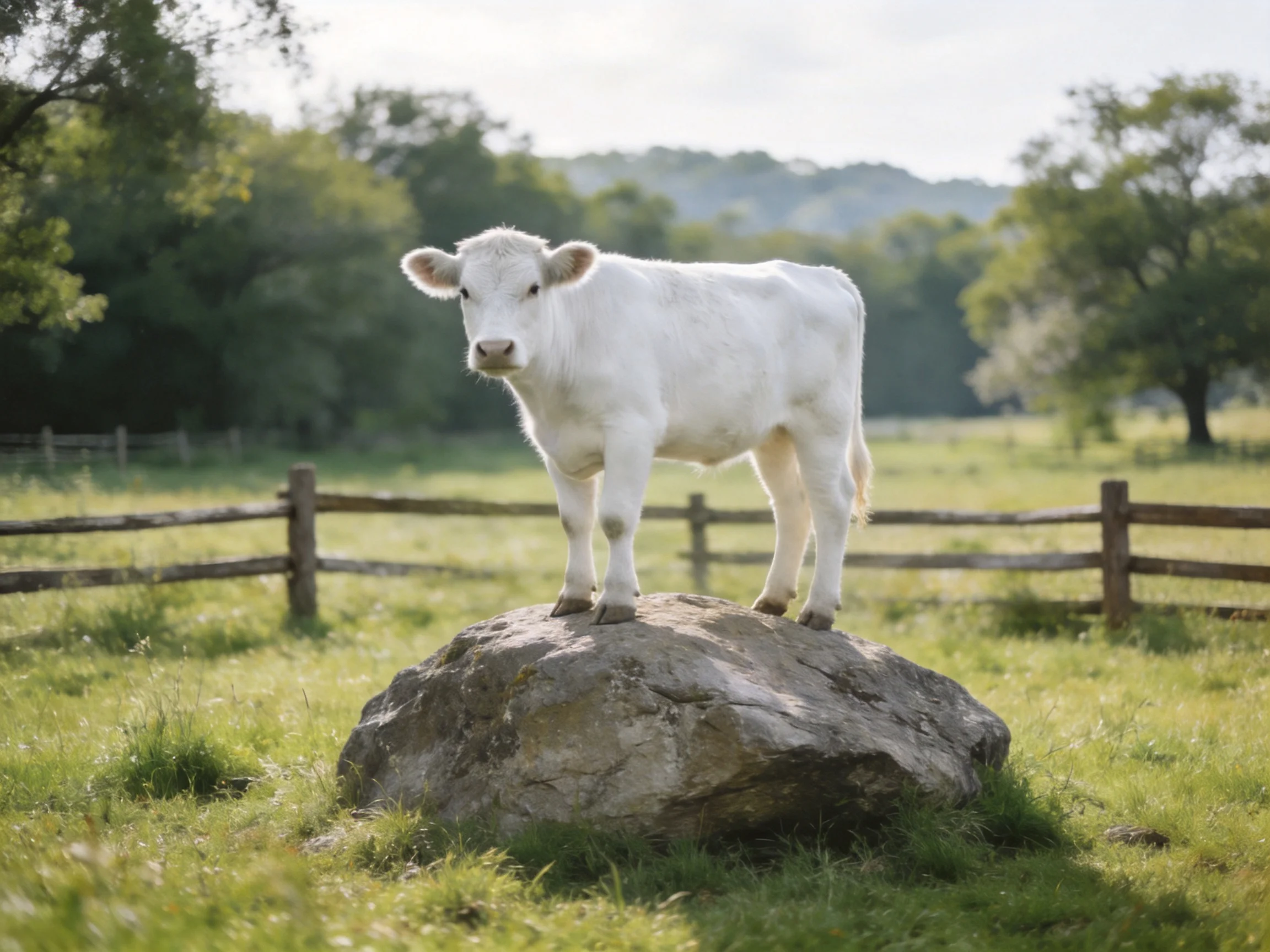 A white calf stands on a large rock in a sunlit pasture