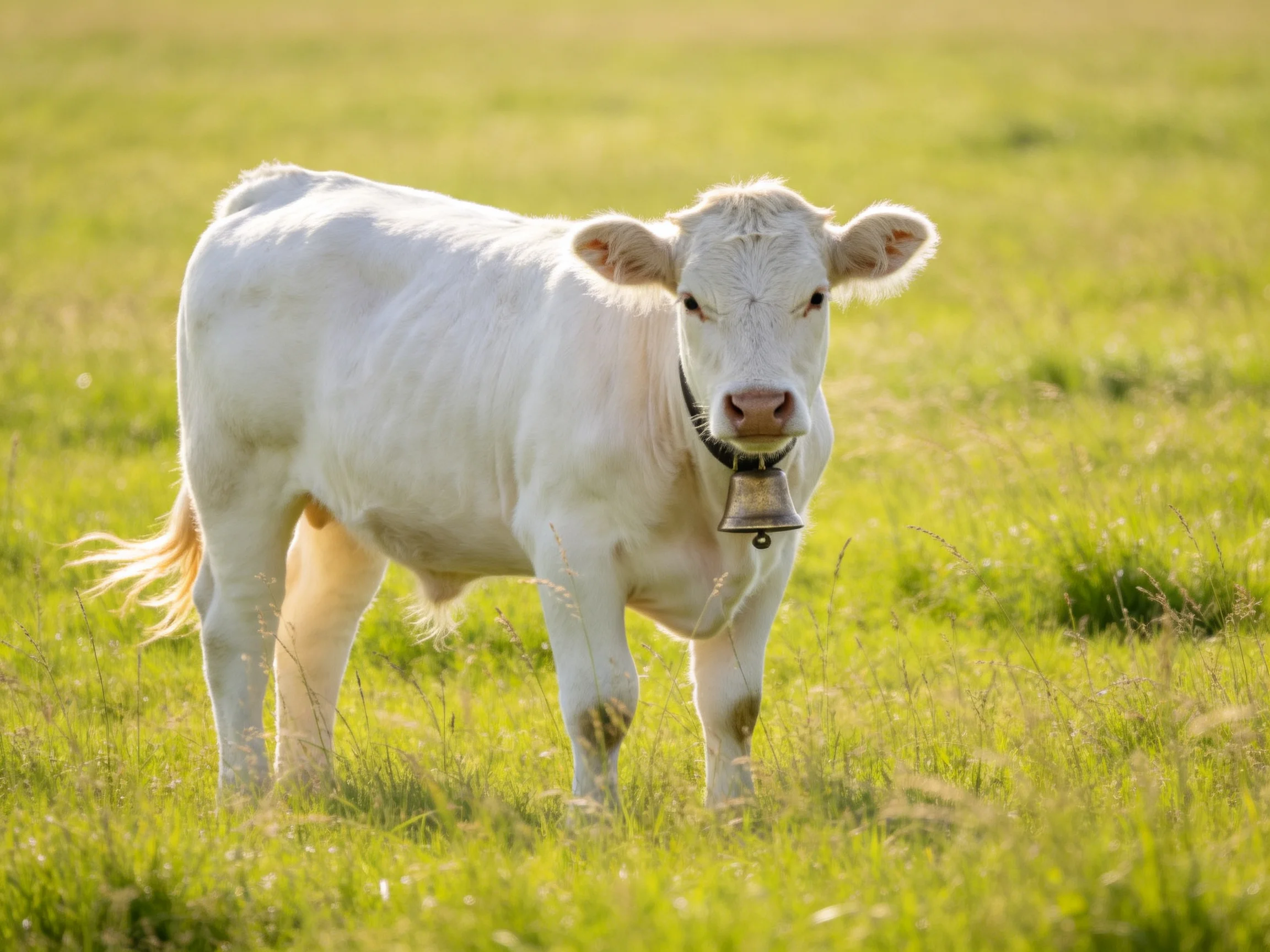 A white calf with a bell stands in a sunlit green pasture.
