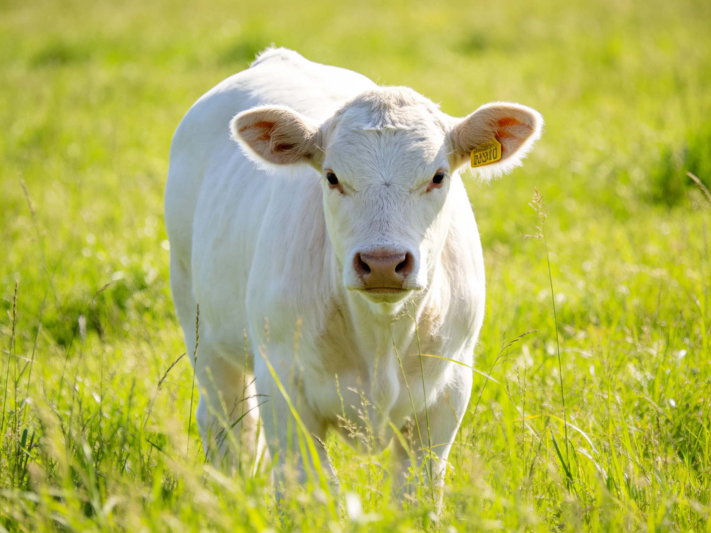 A white calf with a yellow ear tag stands in a sunlit green meadow.
