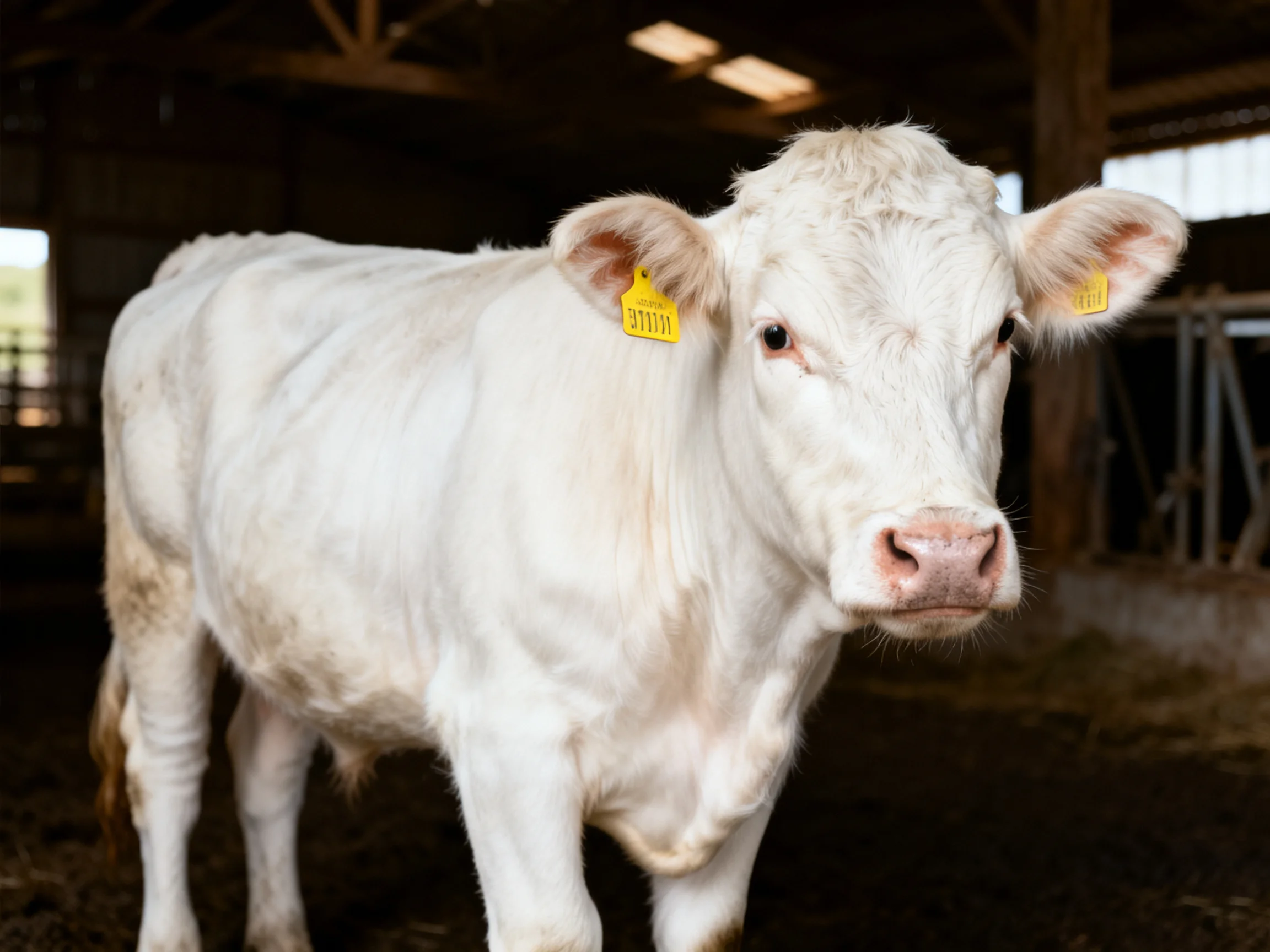 A white calf with yellow ear tags in a barn interior