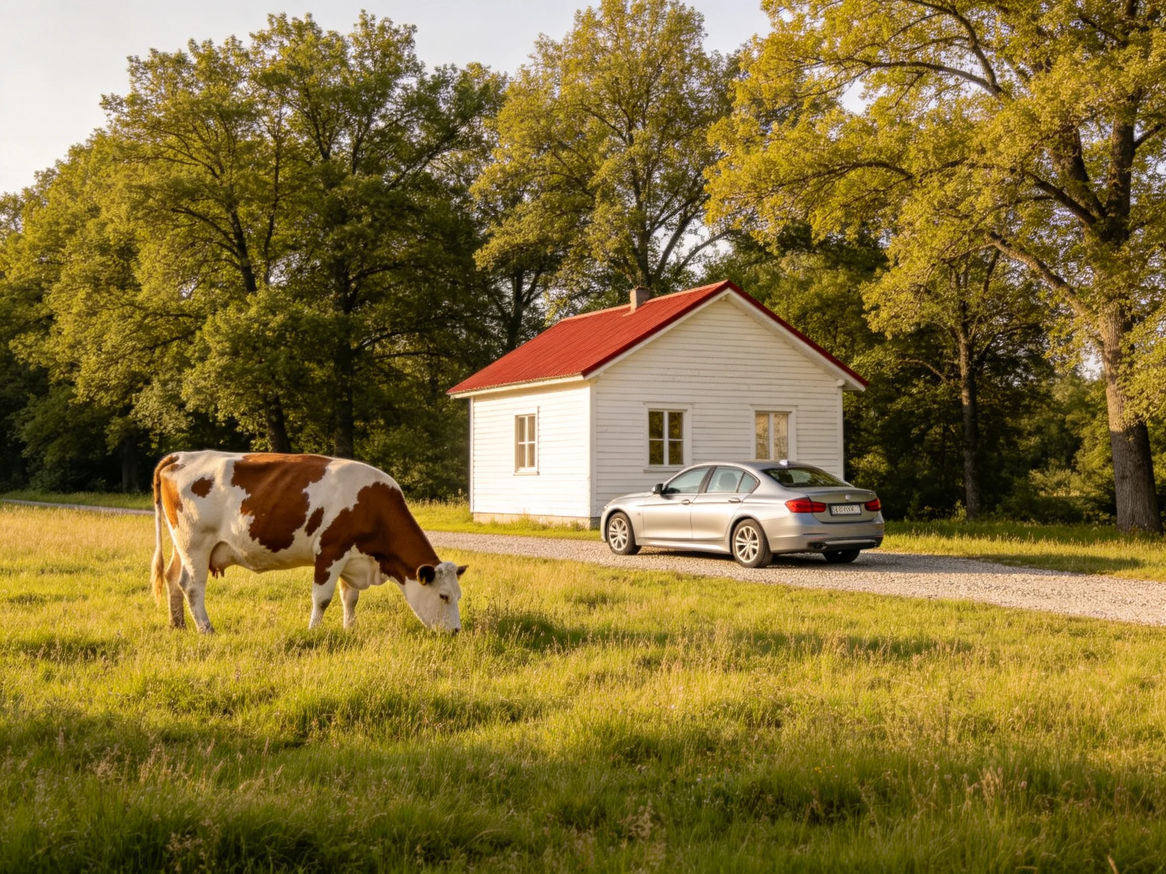 A white cottage with red roof beside a silver car and grazing brown-and-white cow