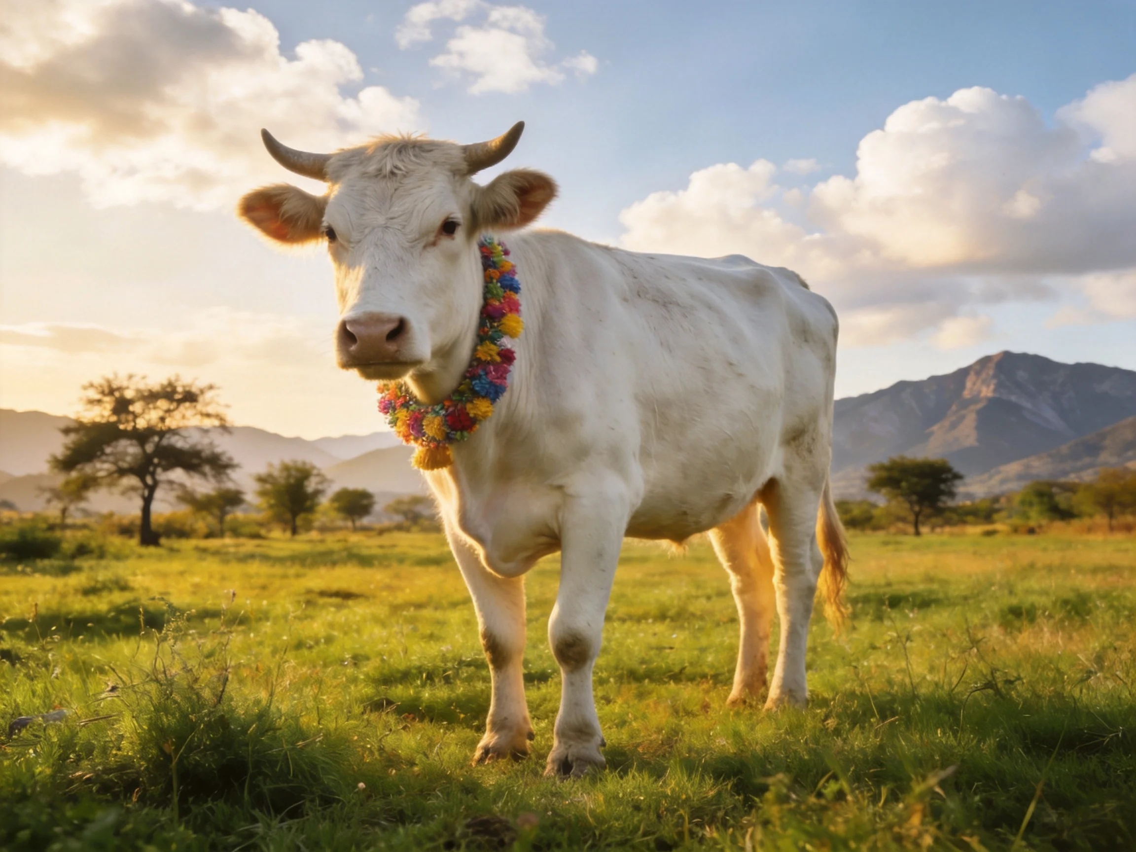 A white cow adorned with a multicolor garland in a sunlit meadow