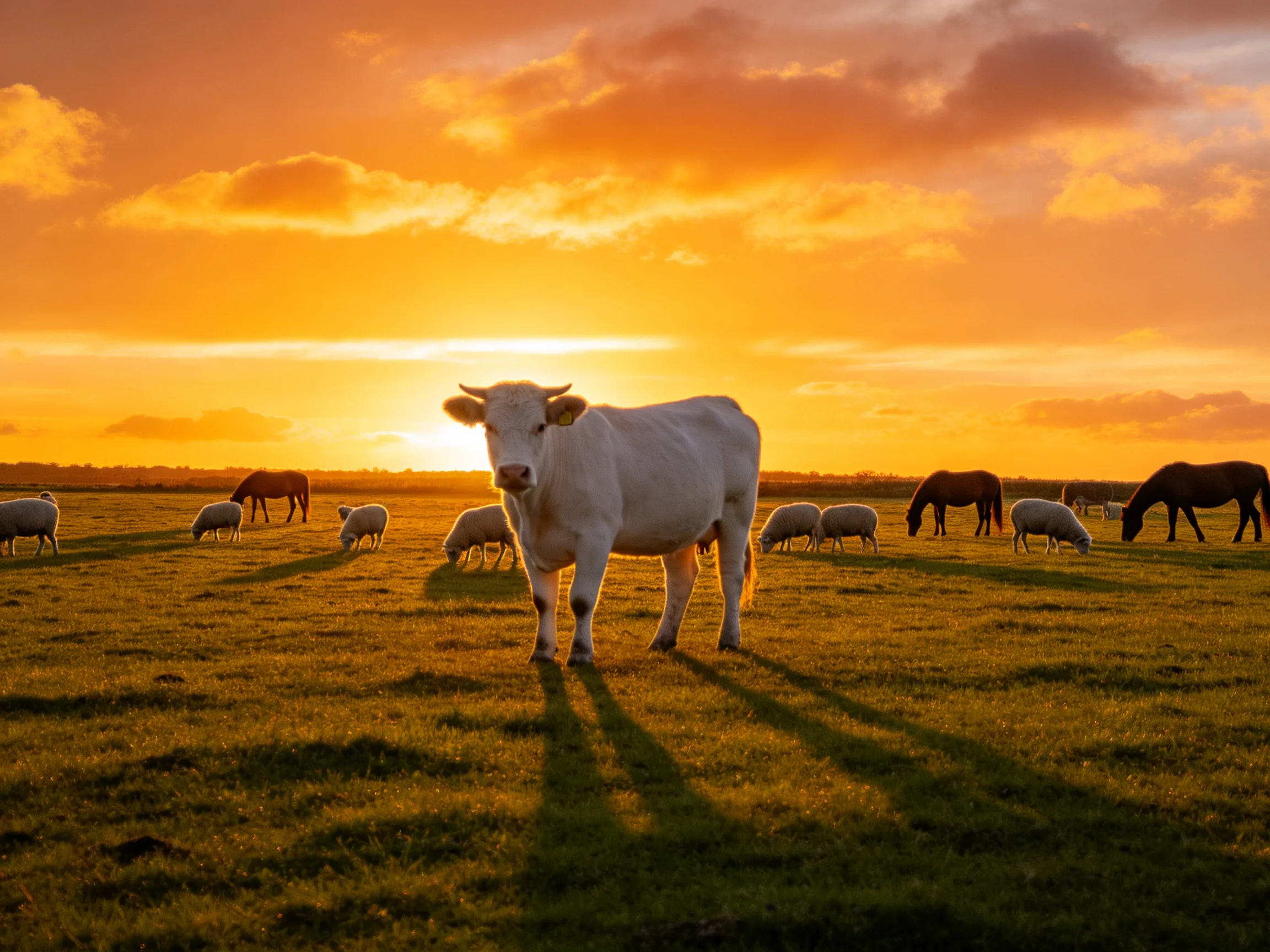 A white cow amid sheep, horses, and golden sunset in a grassy field