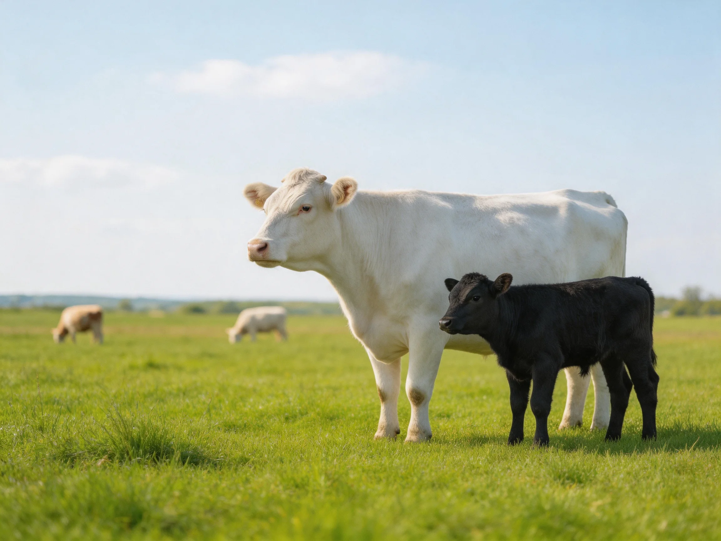 A white cow and black calf stand in a lush green pasture