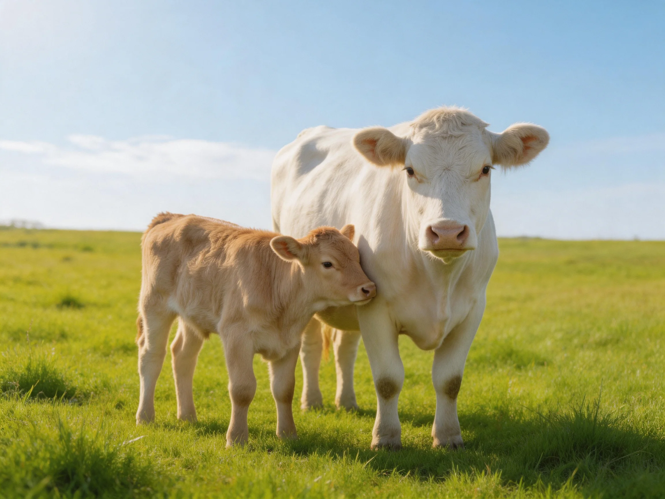 A white cow and brown calf stand in a lush green pasture under clear blue sky