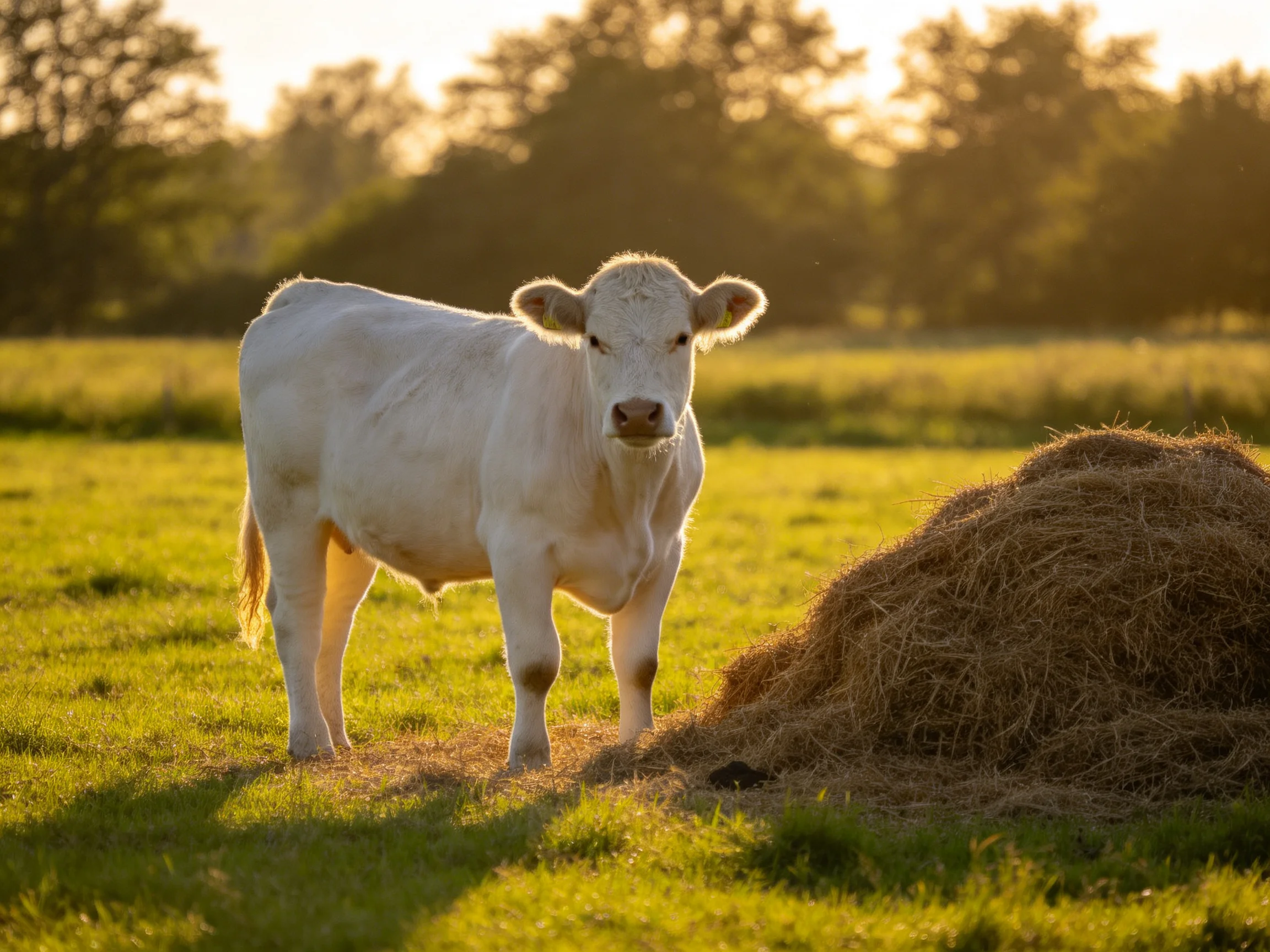 A white cow beside a large hay pile in a sun-drenched field