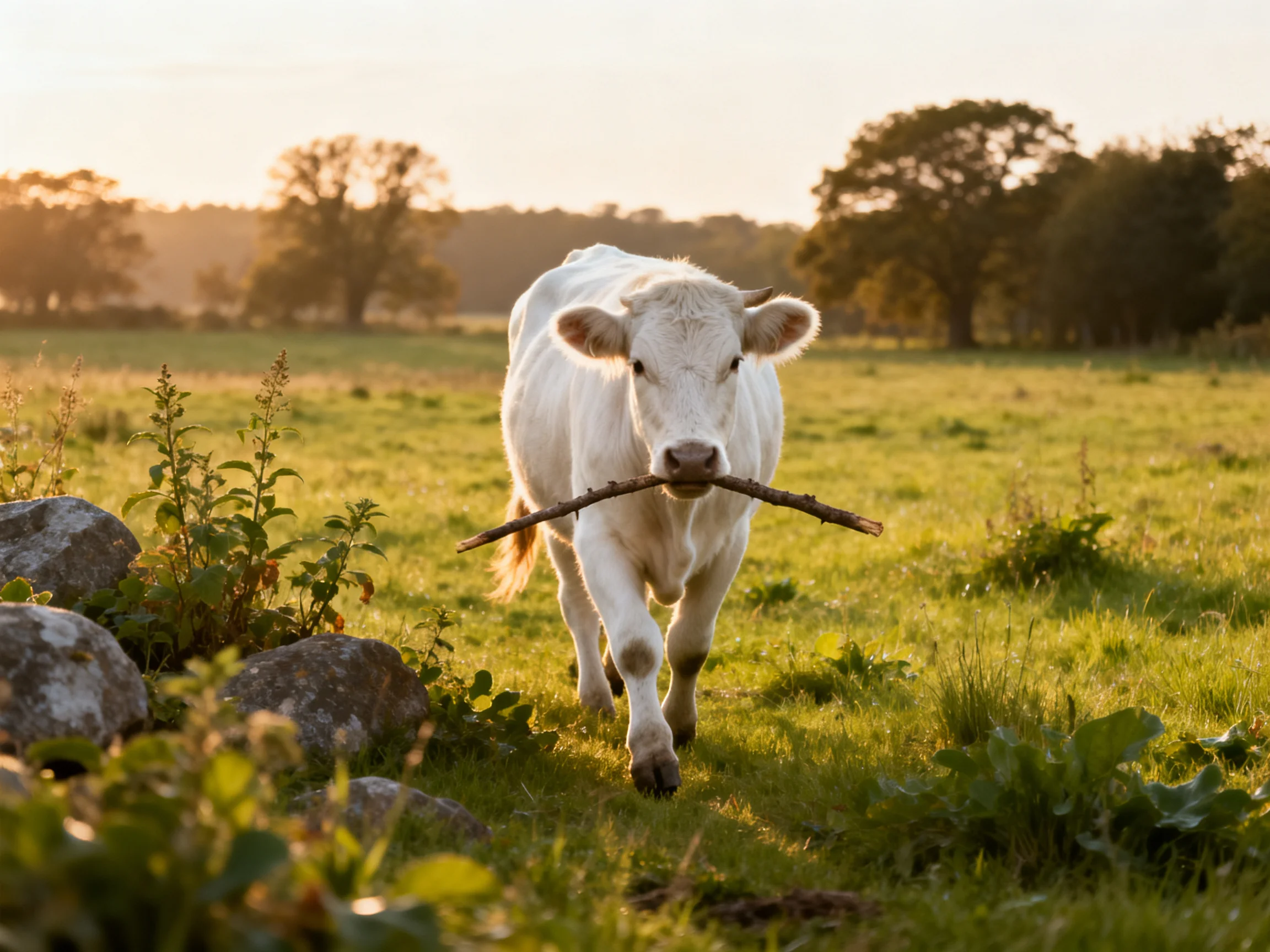 A white cow carries a branch through a sunlit green pasture