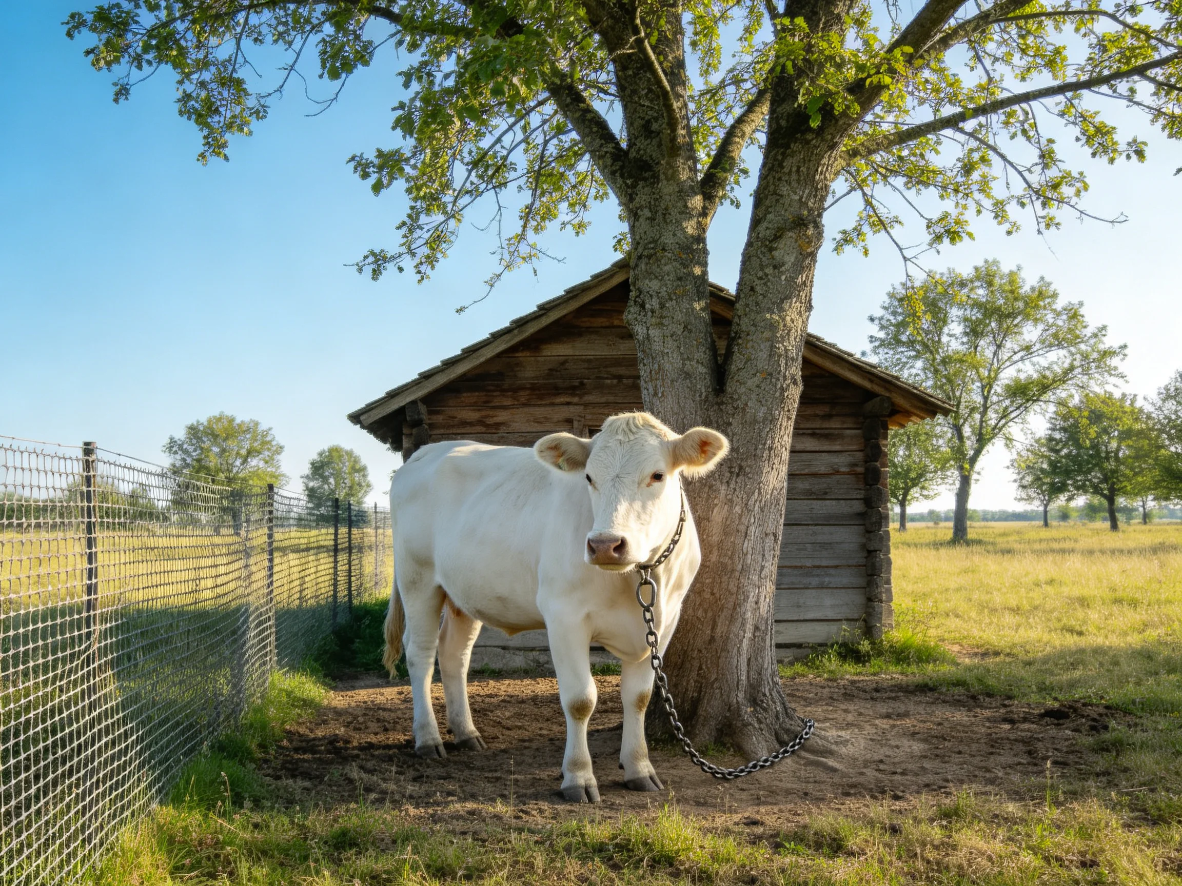 A white cow chained near a large tree by a wooden shed