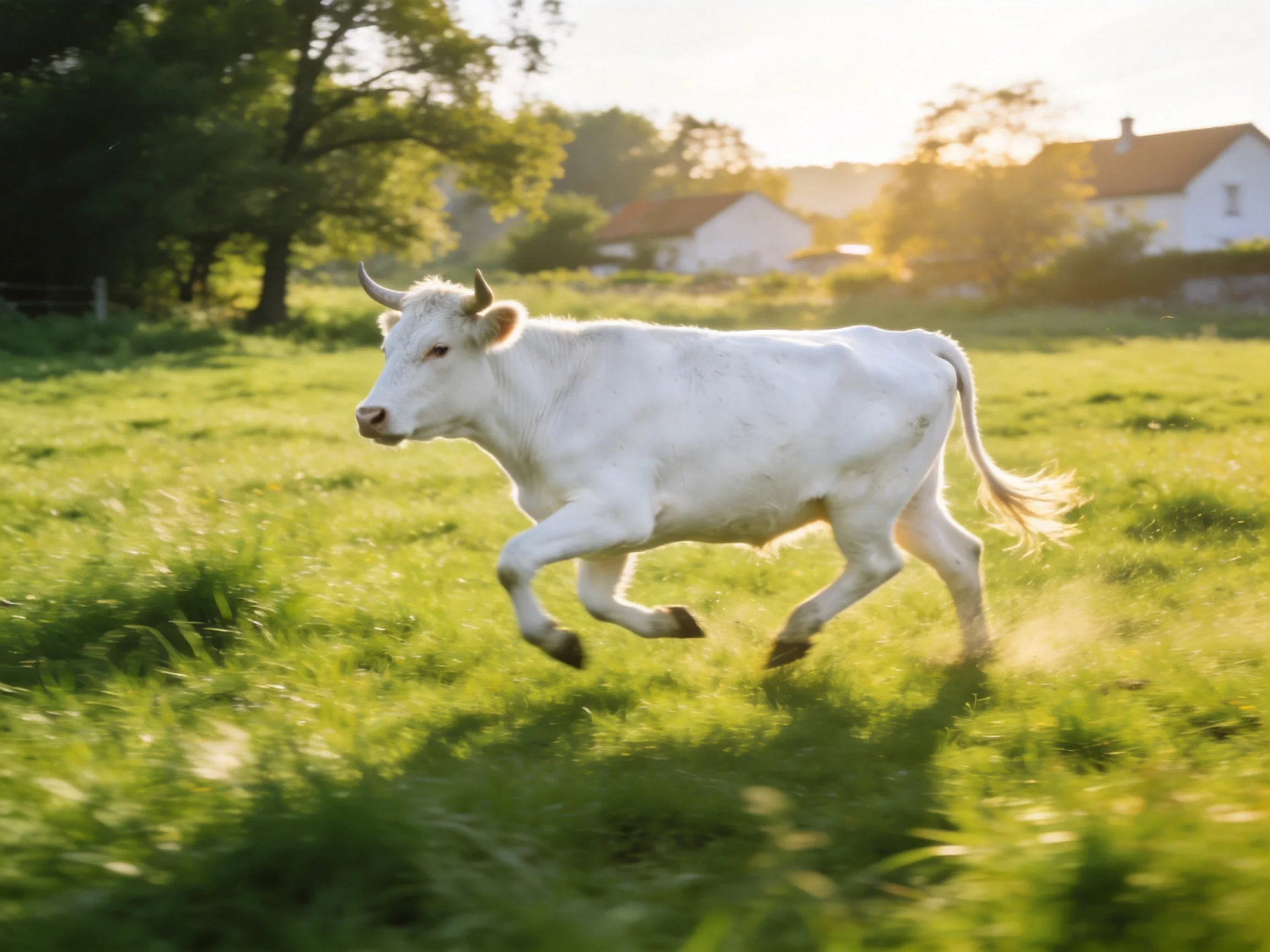 A white cow galloping through a sunlit green pasture near rural homes