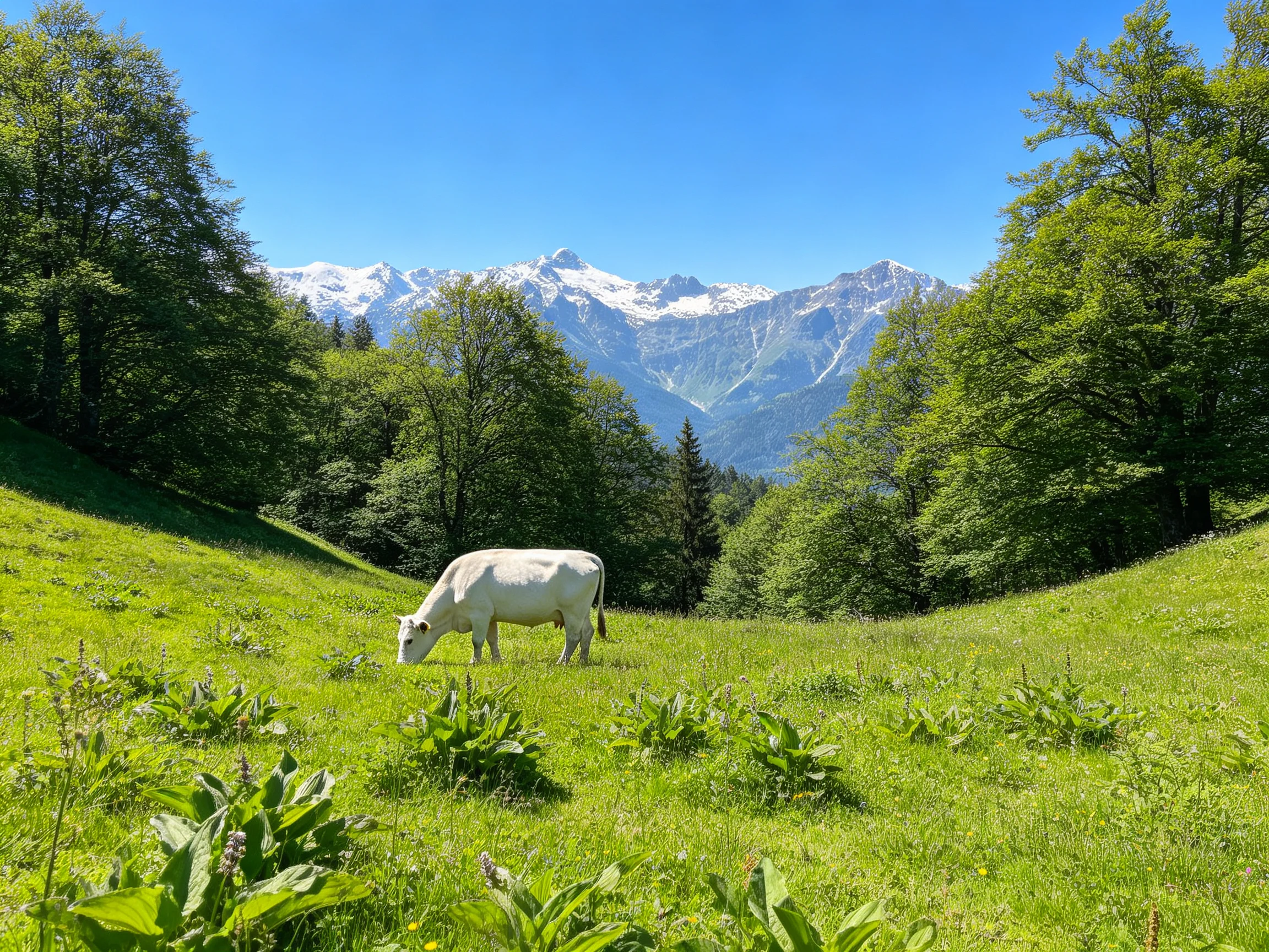 A white cow grazes in a lush green meadow near forested hills and snow - capped mountains