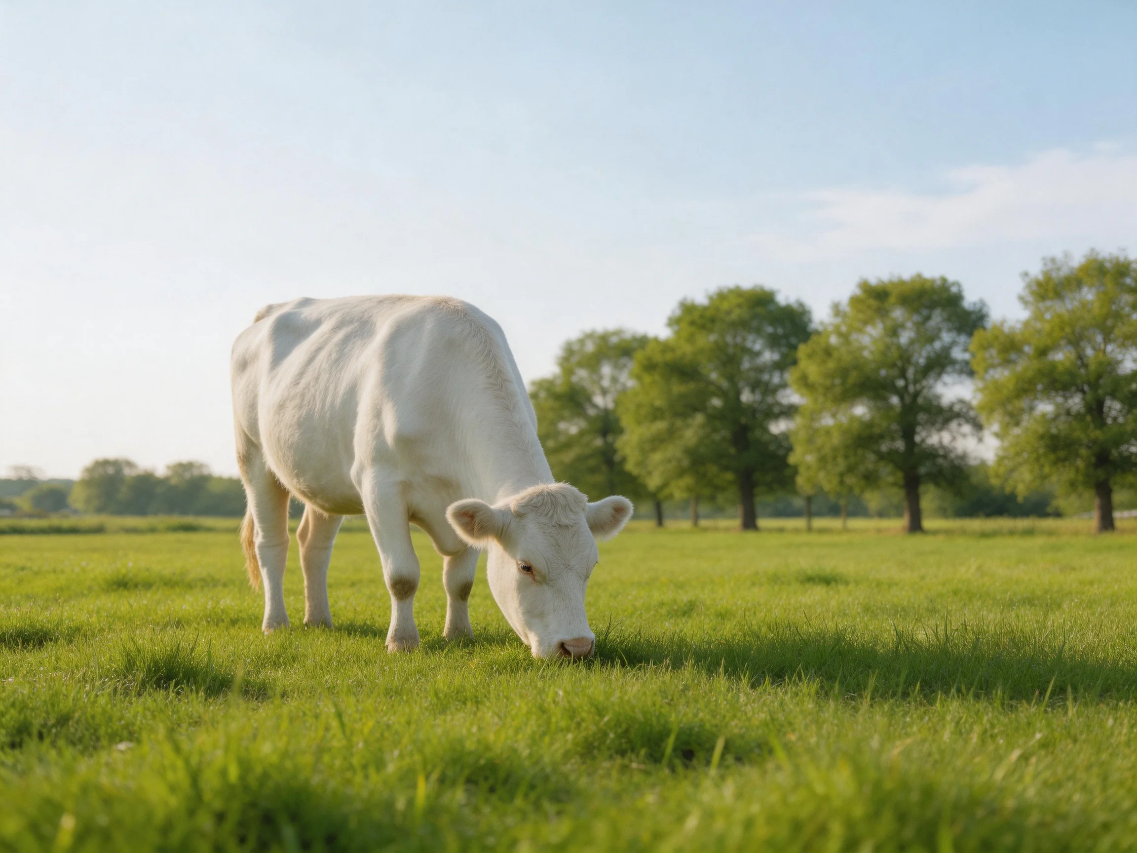 A white cow grazes in a lush green pasture near tall leafy trees