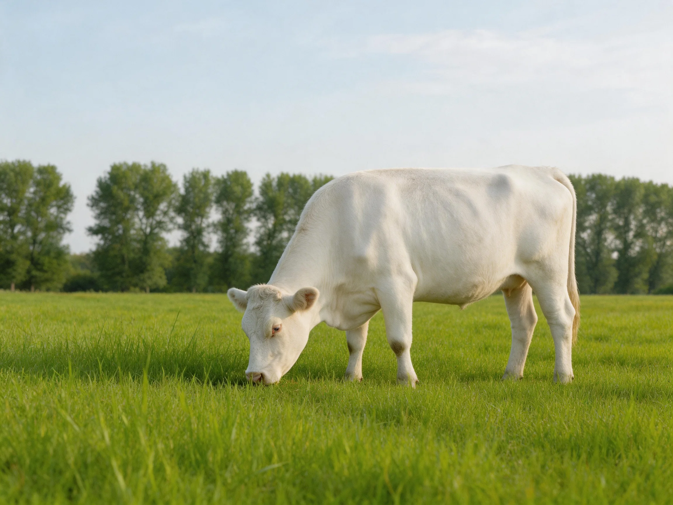 A white cow grazes in a lush green pasture near tall trees