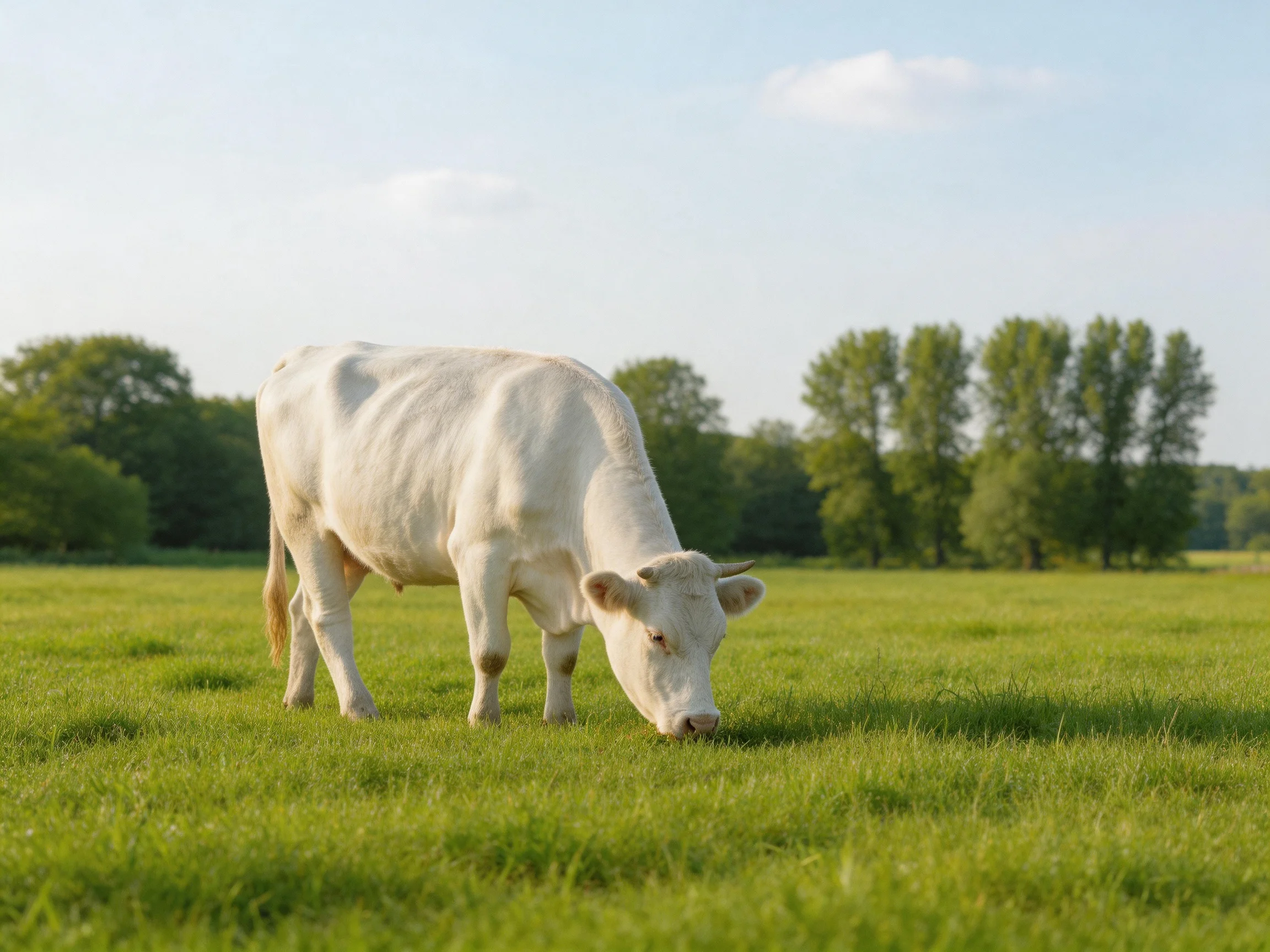 A white cow grazes in a lush green pasture near trees