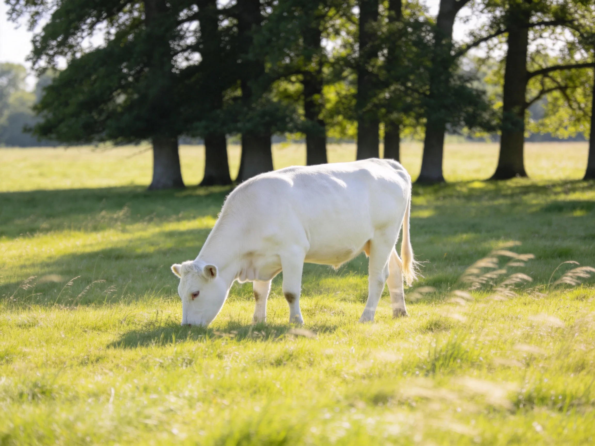 A white cow grazes in a sunlit meadow near tall trees