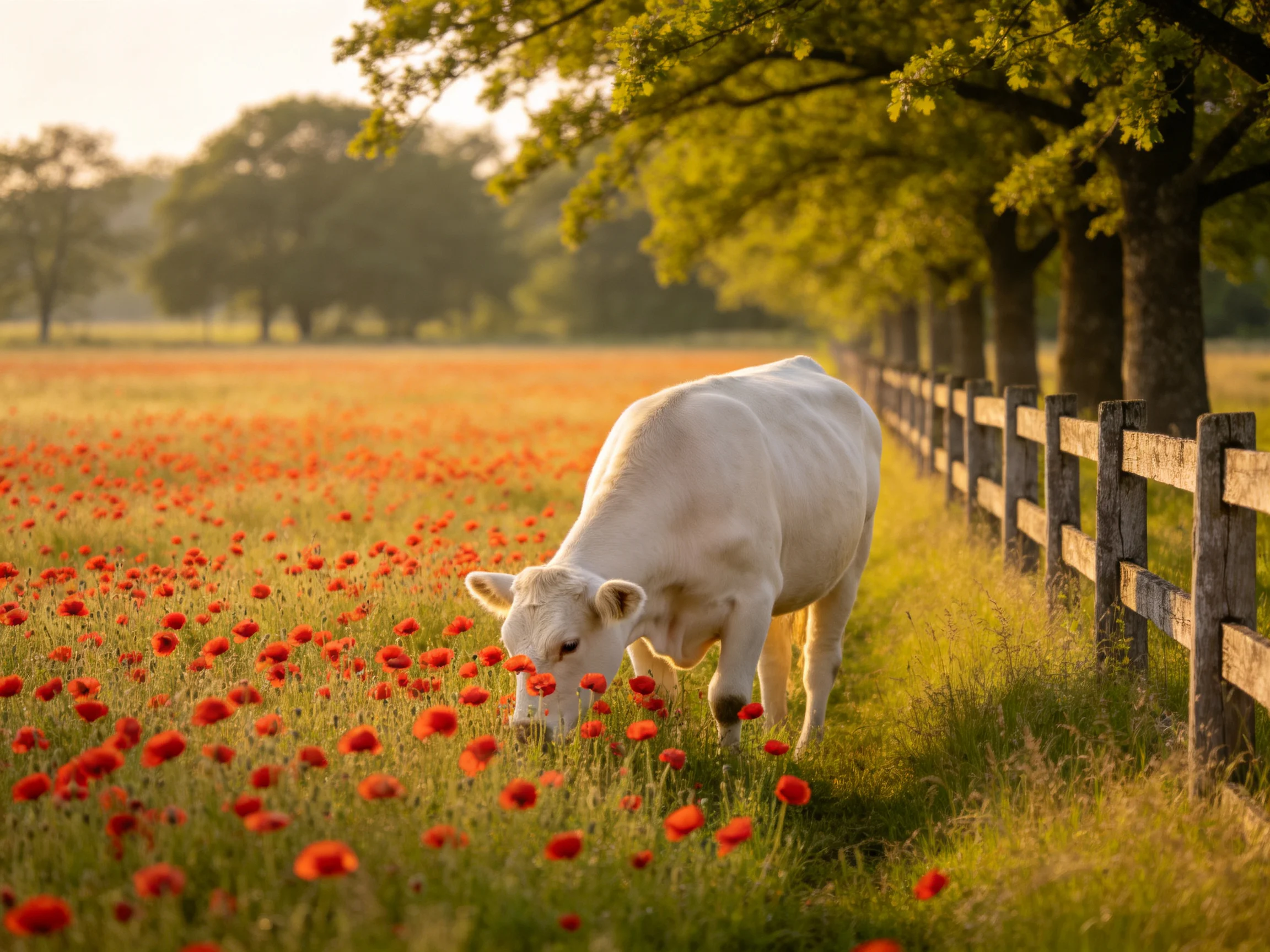 A white cow grazing among vibrant red poppies near a wooden fence