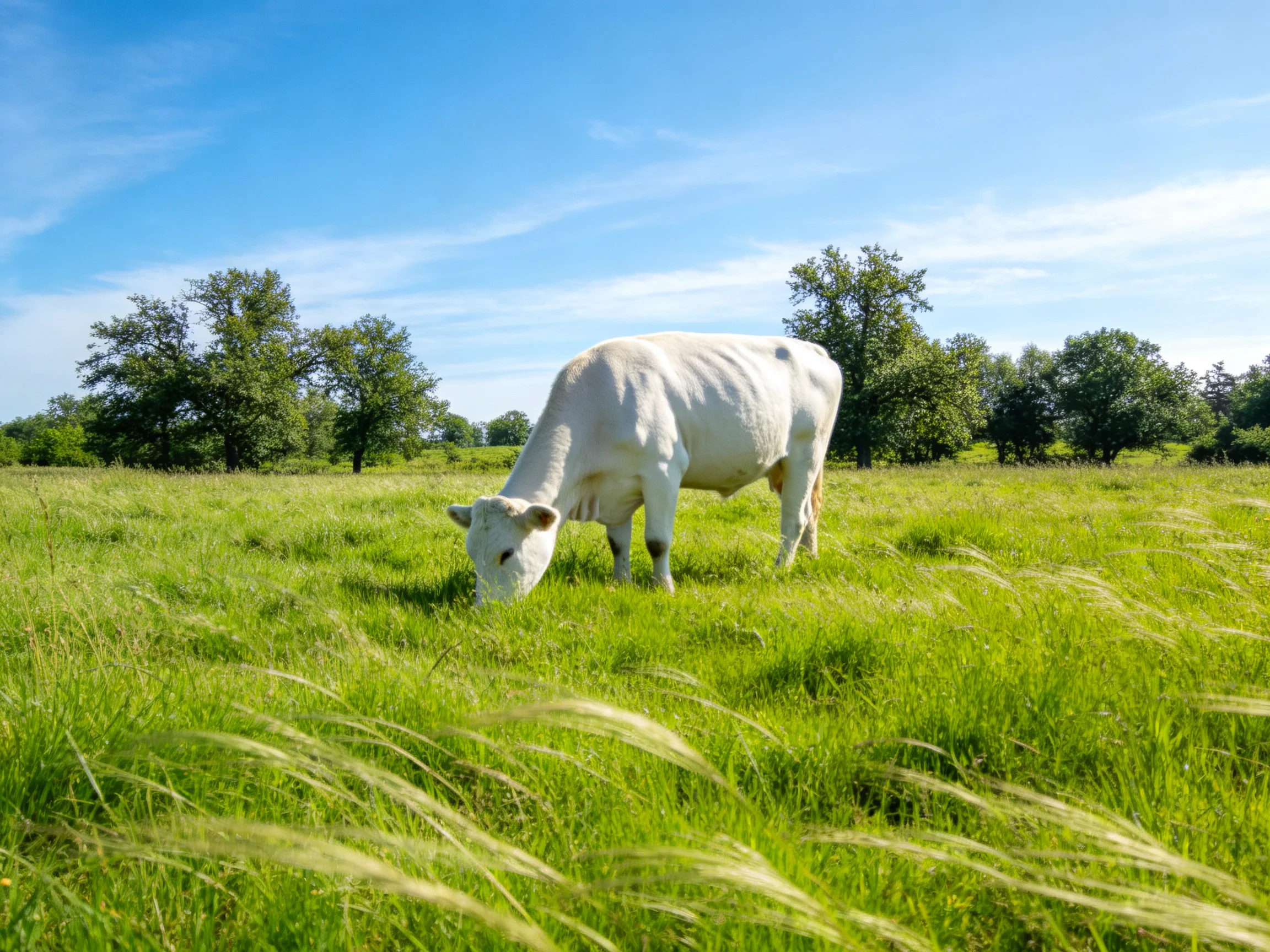 A white cow grazes in a lush green meadow under a clear blue sky.
