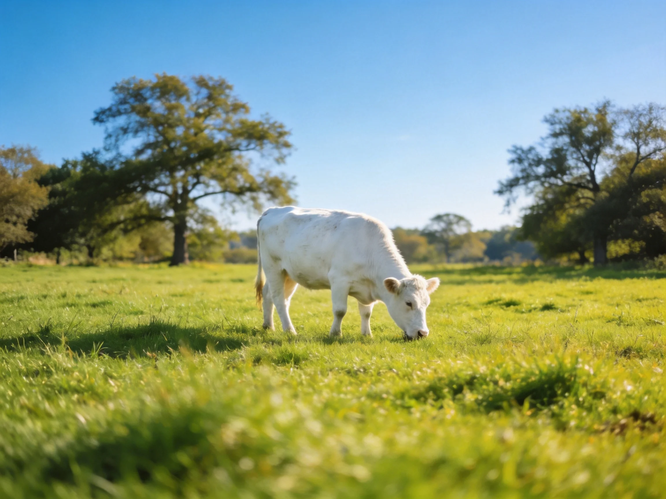 A white cow grazing in a lush green meadow