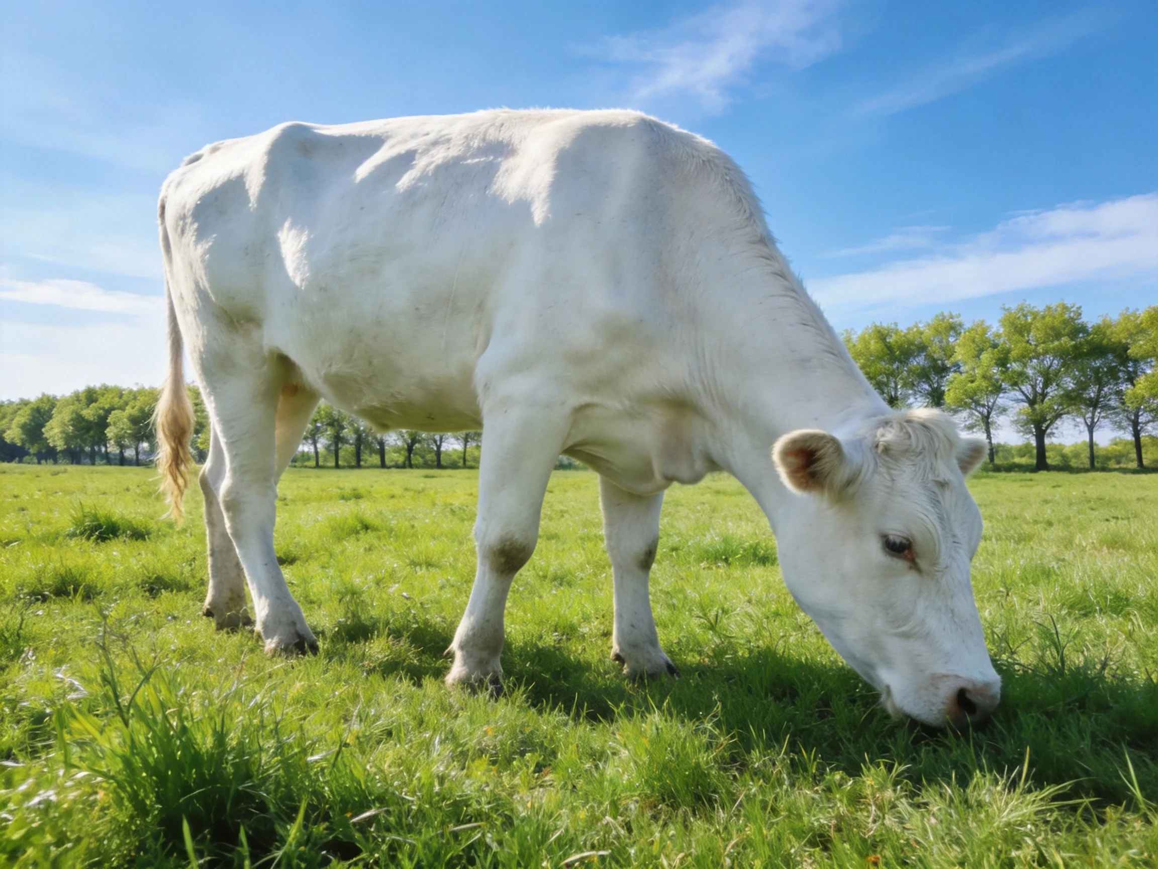 A white cow grazing in a lush green meadow under bright blue sky