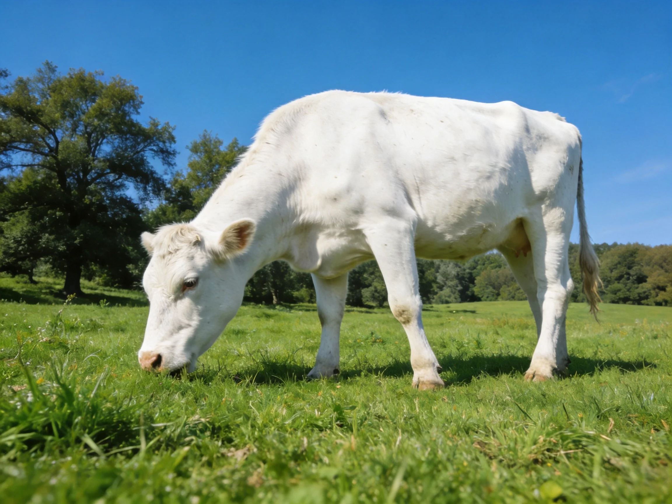 A white cow grazing in a lush green meadow under clear blue sky