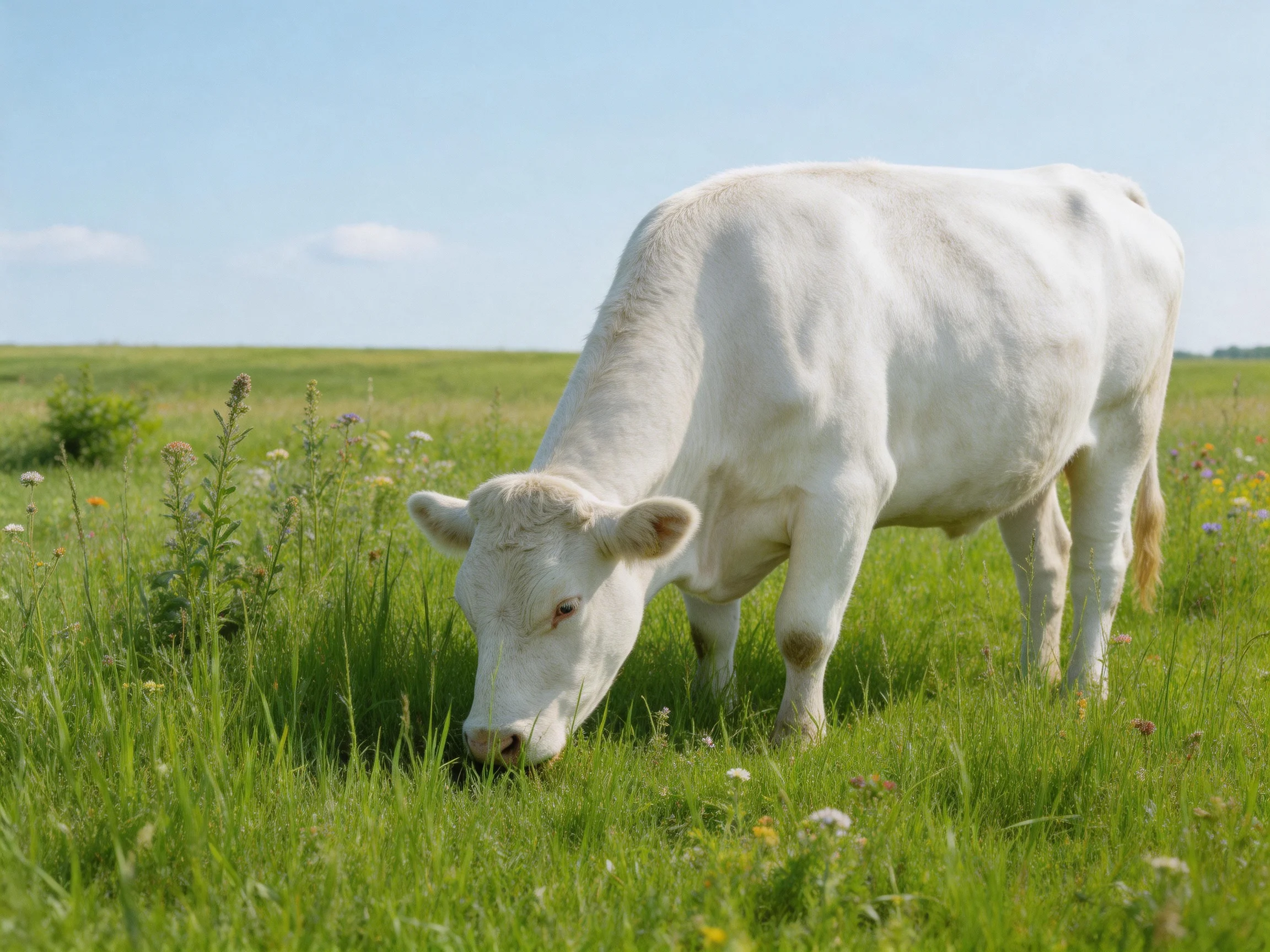 A white cow grazing in a lush green meadow under clear blue sky