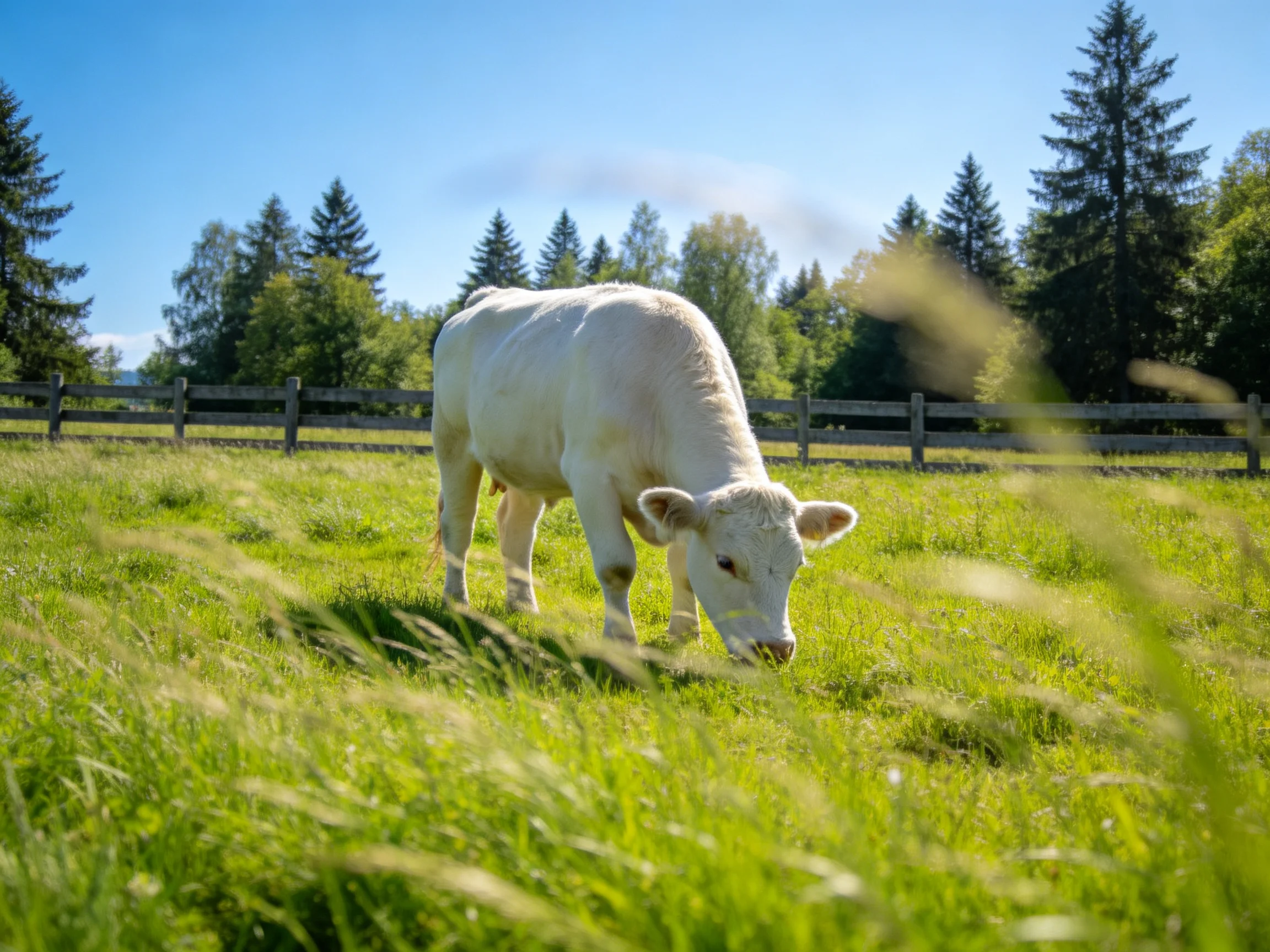 A white cow grazing in a lush green pasture near tall evergreen trees