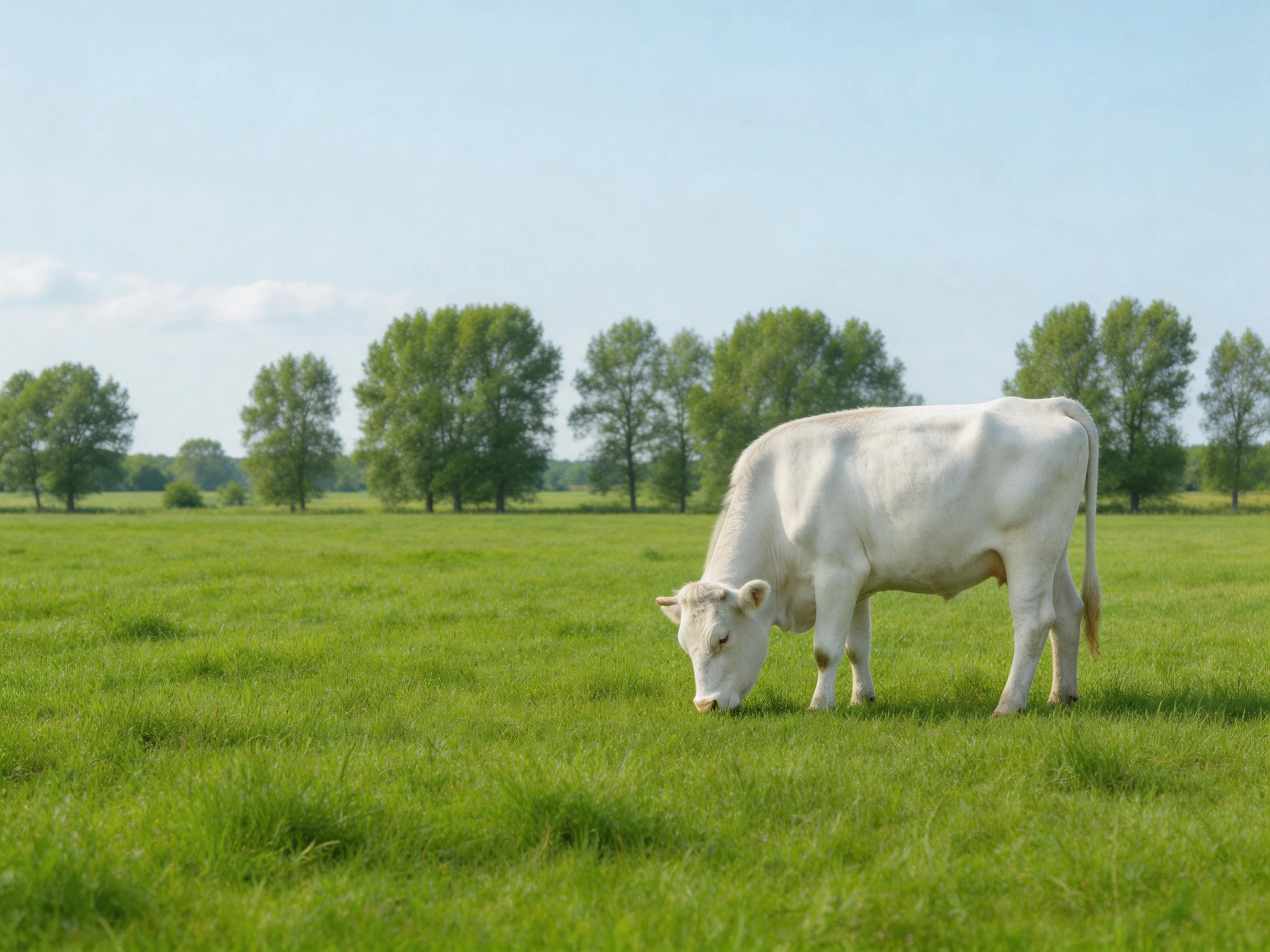 A white cow grazing in a lush green pasture with distant trees